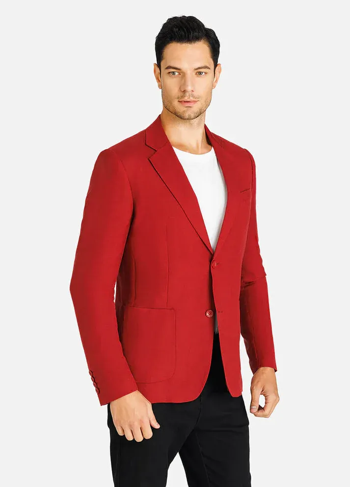 1PA1 Men's 100% Linen Lapel Two-Button Red Blazer