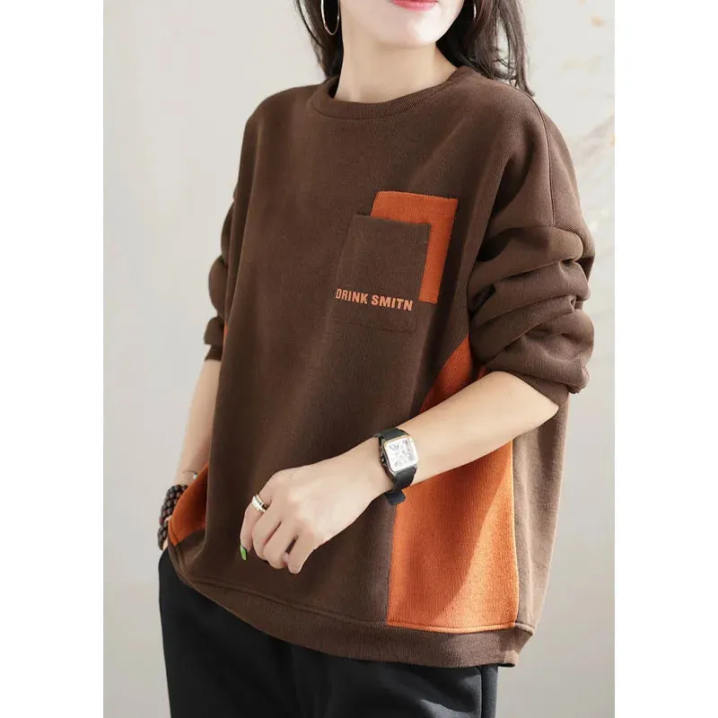 2023 Autumn and Winter New Korean Version Temperament Women's Clothing Fashion Splice Pockets Round Neck Long Sleeve Pullover