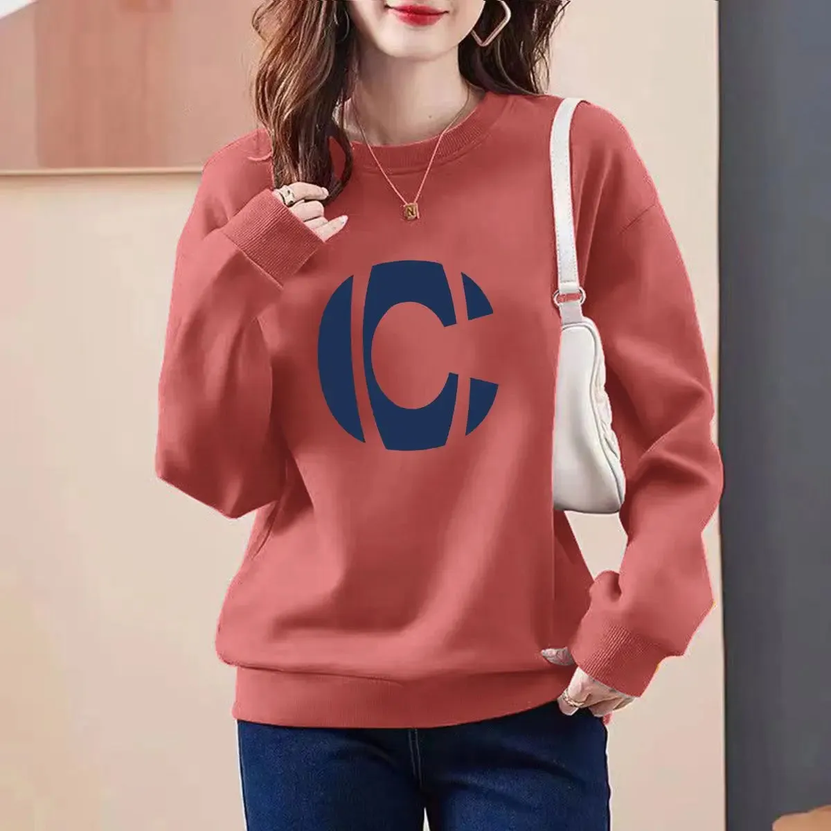 2023 Autumn/Winter New Round Neck Long Sleeve Printing Spliced Letter Slim Wild Office Lady Comfortable Loose Versatile Top