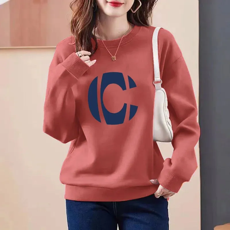 2023 Autumn/Winter New Round Neck Long Sleeve Printing Spliced Letter Slim Wild Office Lady Comfortable Loose Versatile Top