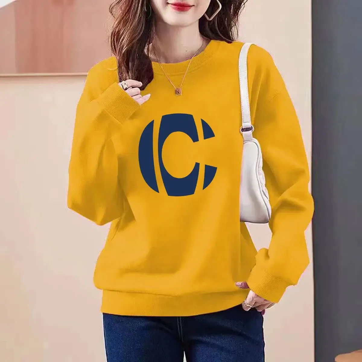 2023 Autumn/Winter New Round Neck Long Sleeve Printing Spliced Letter Slim Wild Office Lady Comfortable Loose Versatile Top