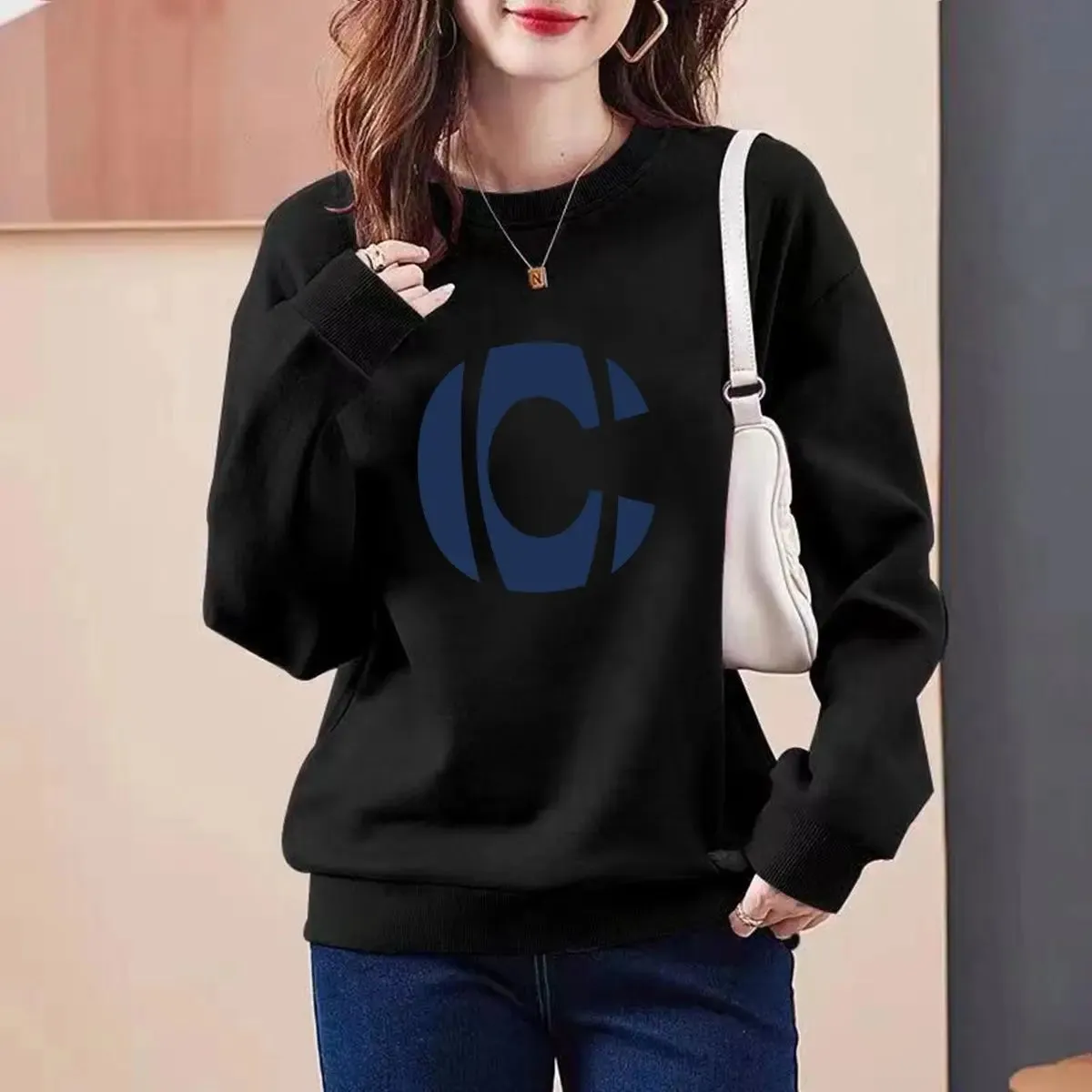 2023 Autumn/Winter New Round Neck Long Sleeve Printing Spliced Letter Slim Wild Office Lady Comfortable Loose Versatile Top