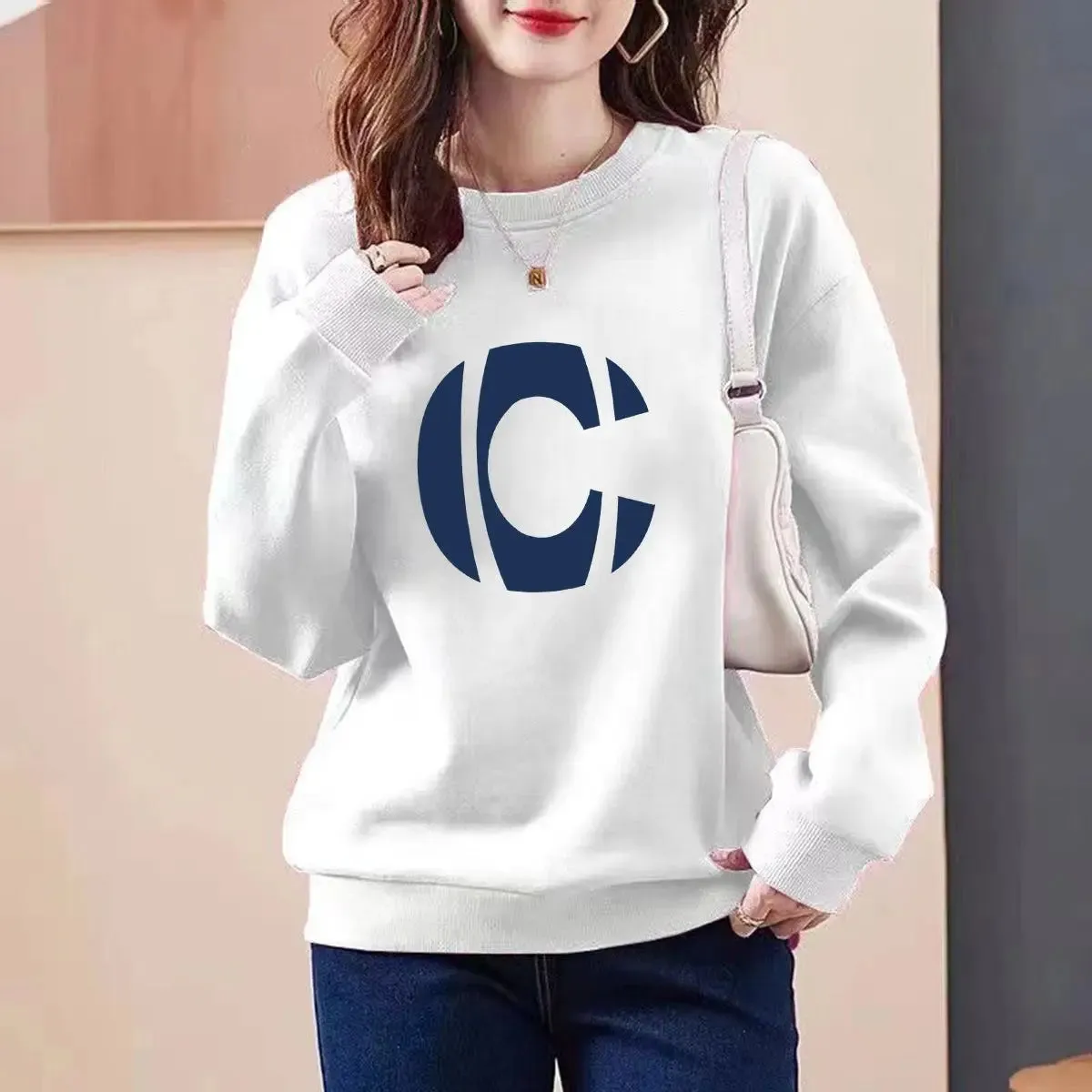 2023 Autumn/Winter New Round Neck Long Sleeve Printing Spliced Letter Slim Wild Office Lady Comfortable Loose Versatile Top