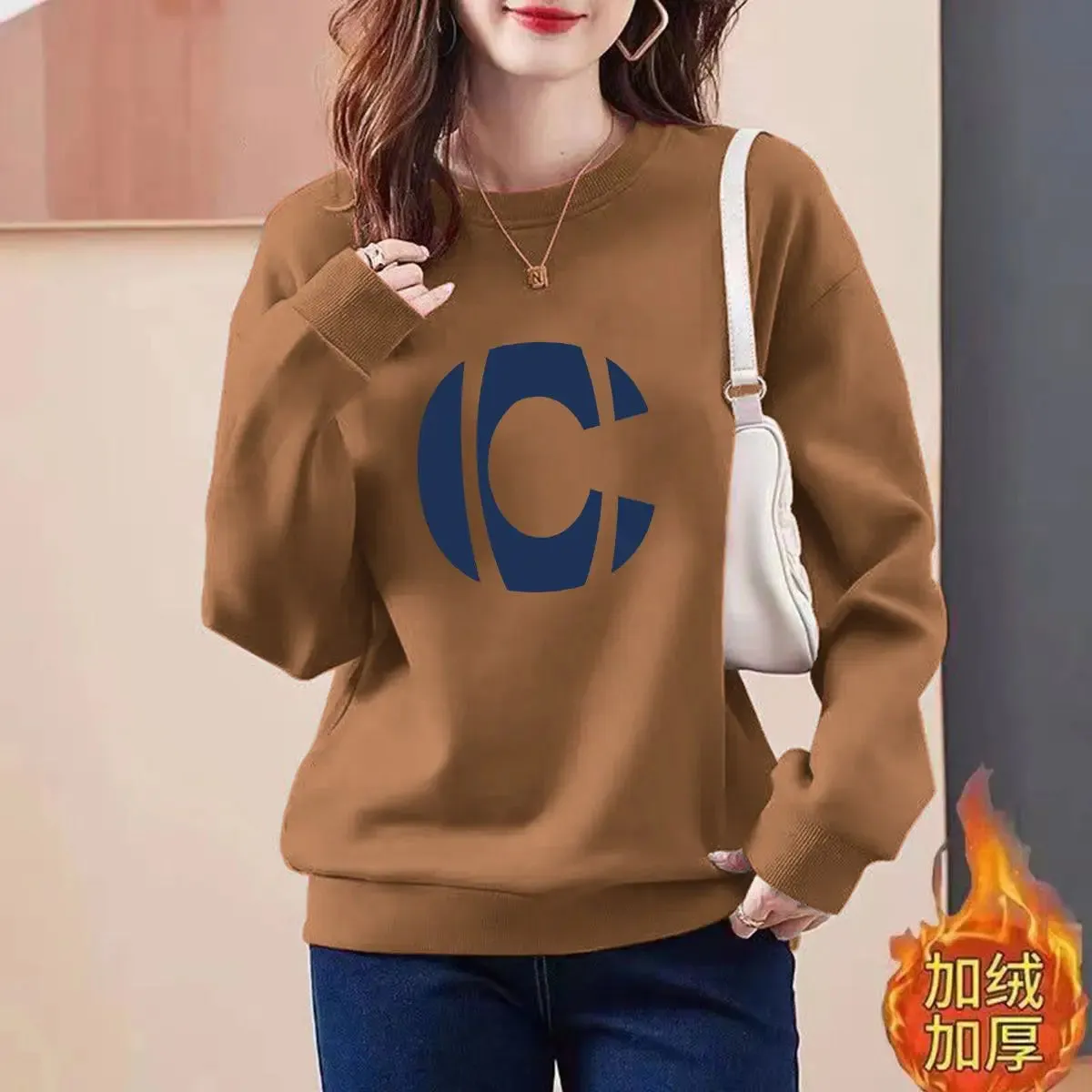 2023 Autumn/Winter New Round Neck Long Sleeve Printing Spliced Letter Slim Wild Office Lady Comfortable Loose Versatile Top