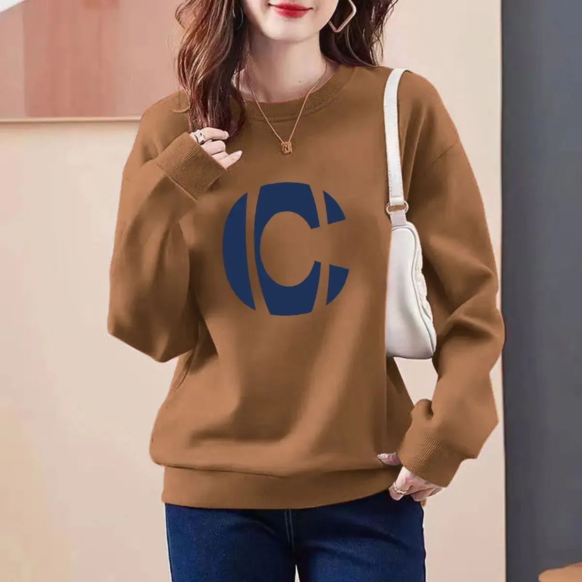 2023 Autumn/Winter New Round Neck Long Sleeve Printing Spliced Letter Slim Wild Office Lady Comfortable Loose Versatile Top