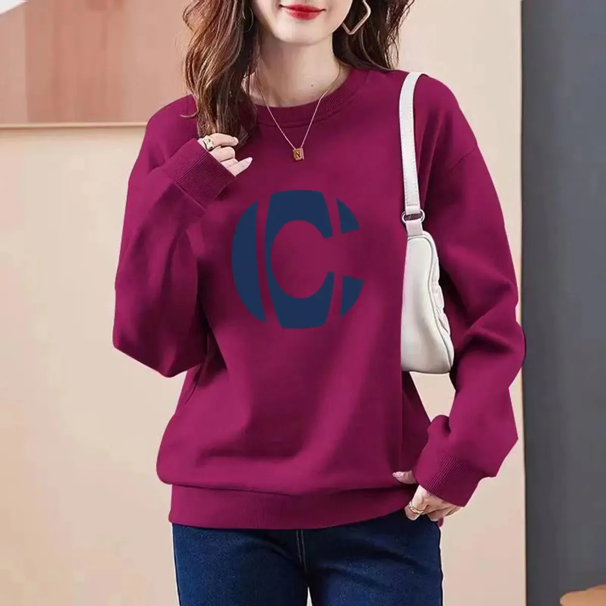 2023 Autumn/Winter New Round Neck Long Sleeve Printing Spliced Letter Slim Wild Office Lady Comfortable Loose Versatile Top