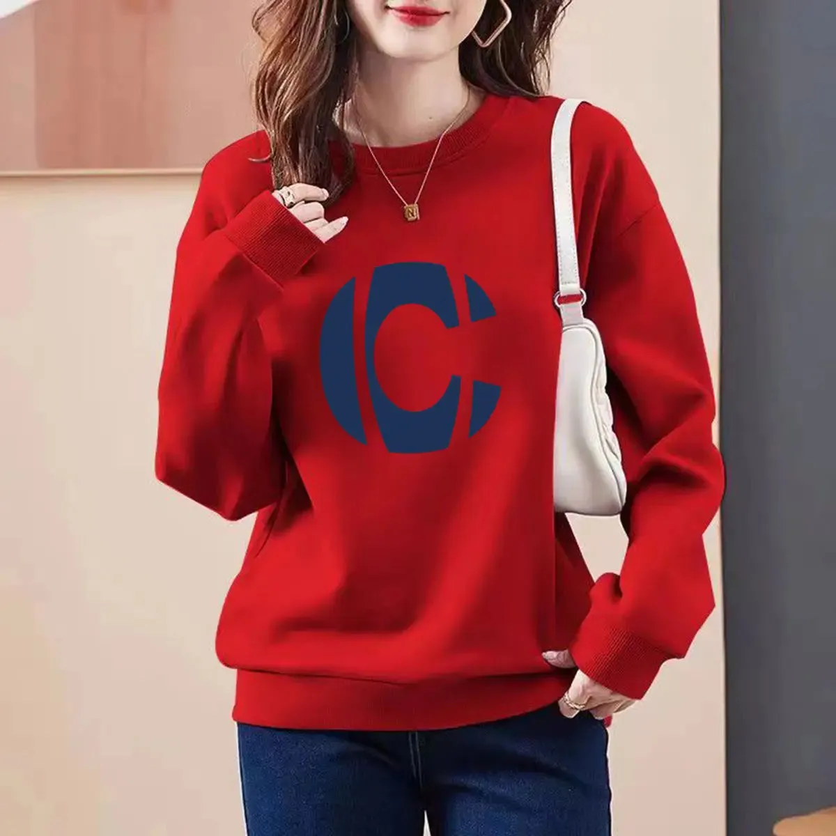 2023 Autumn/Winter New Round Neck Long Sleeve Printing Spliced Letter Slim Wild Office Lady Comfortable Loose Versatile Top