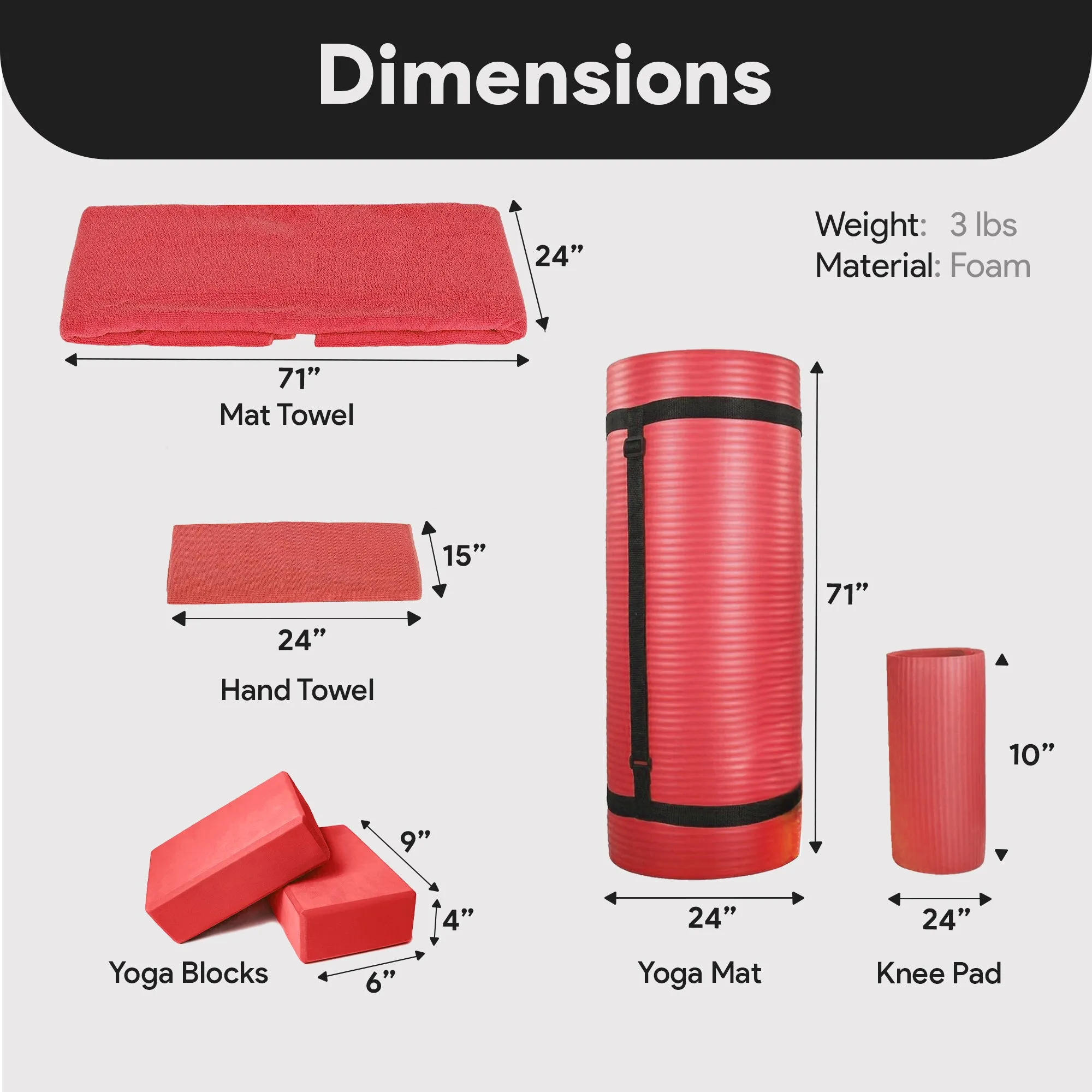 BalanceFrom Fitness 7 Piece Yoga Set with Mat, Stretch Strap & Knee Pad, Red