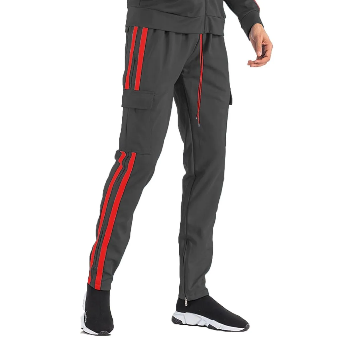 Black & Red Two-Stripe Cargo Track Pants