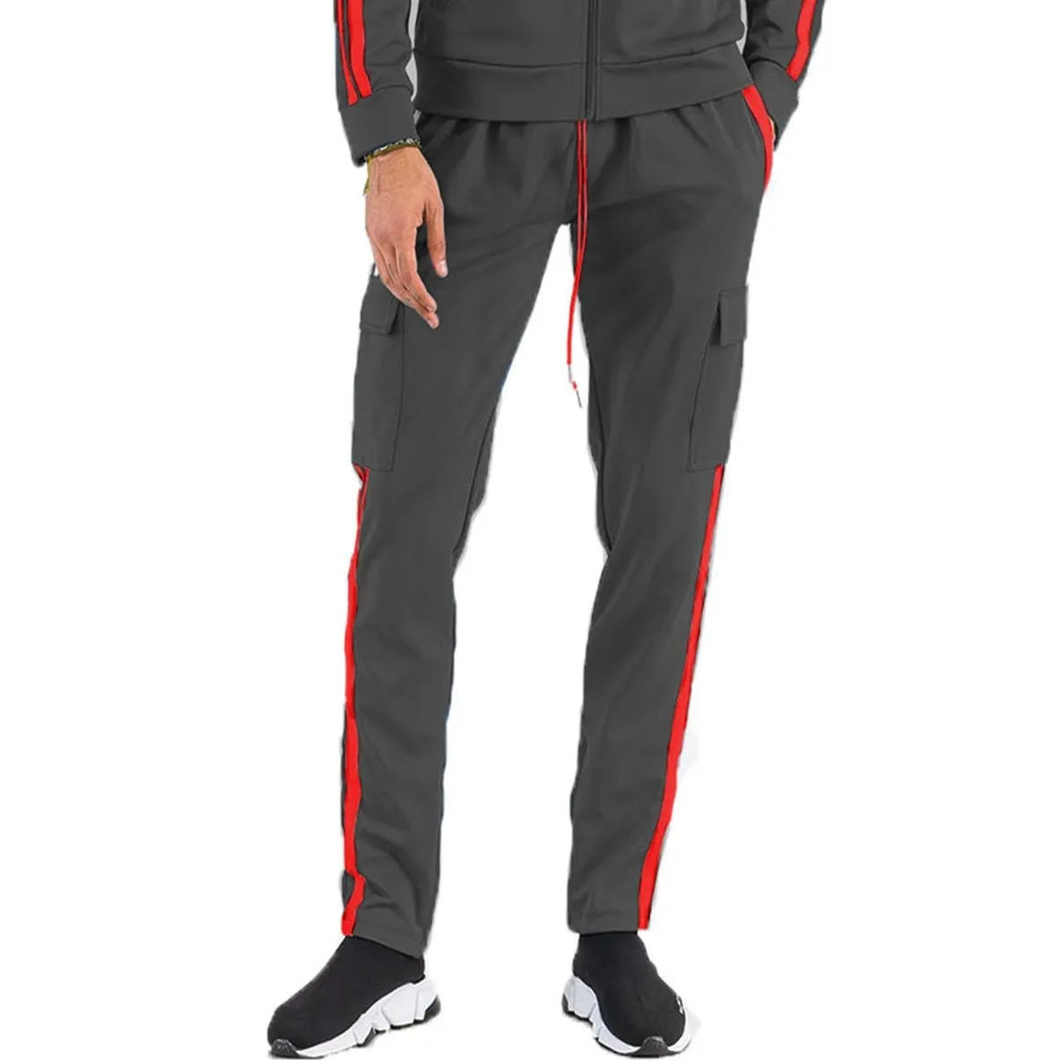 Black & Red Two-Stripe Cargo Track Pants