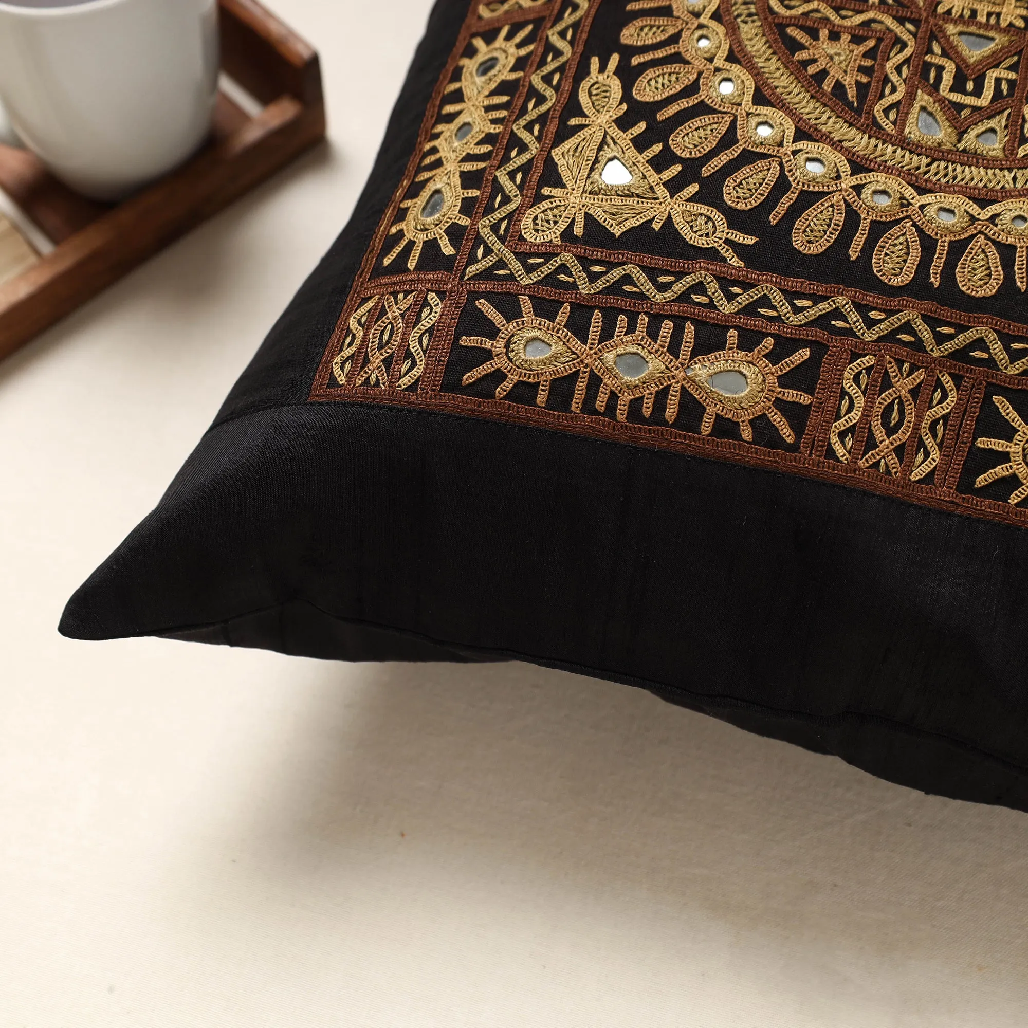 Black - Kutch Rabari Hand Embroidery Silk Cushion Cover (16 x 16 in)