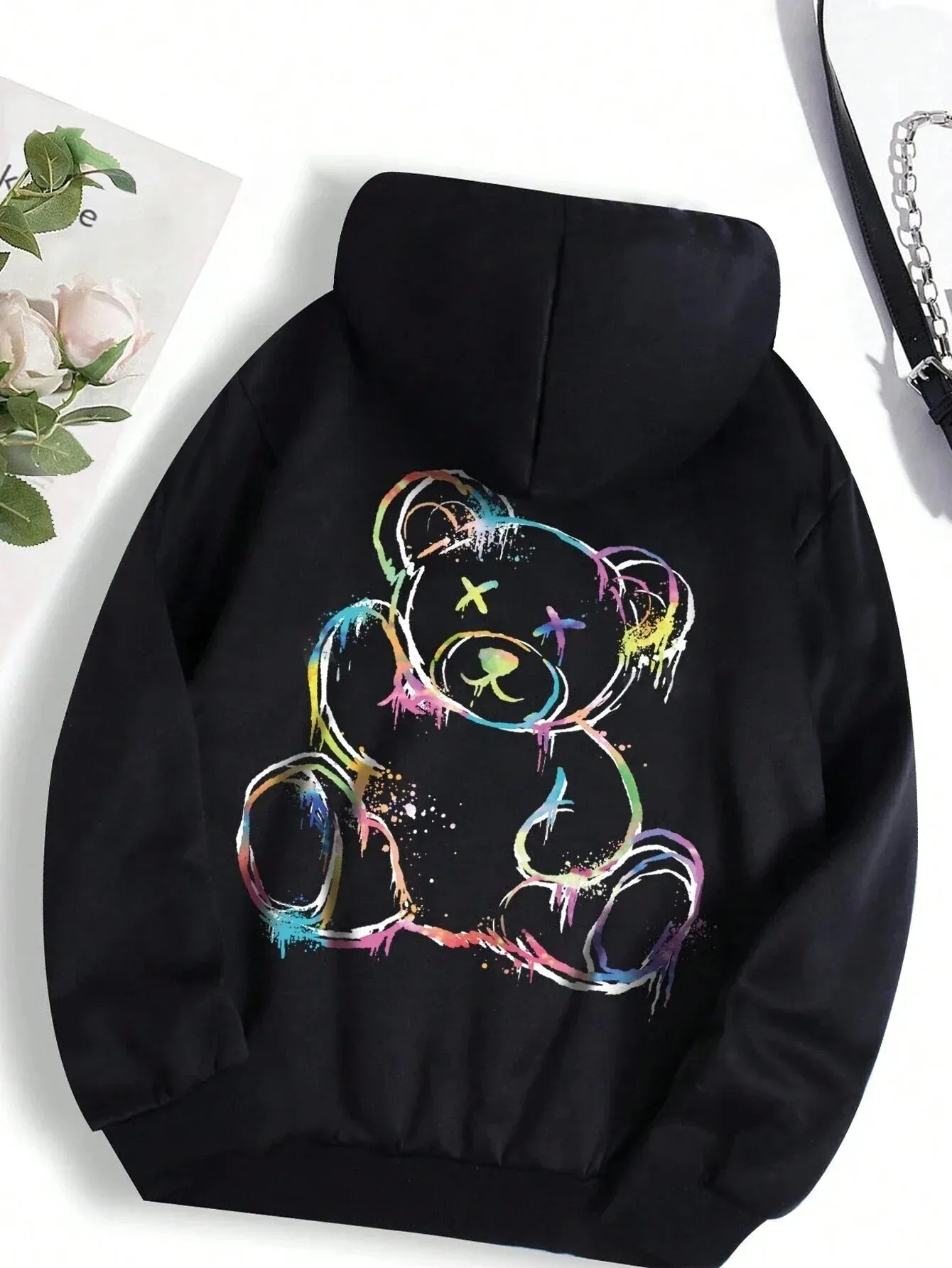 Cartoon Colorful Bear Printed Drawstring Hoodie Women's Casual Long Sleeve Fleece Hoodie Fashion High Street Y2K Women's Wear