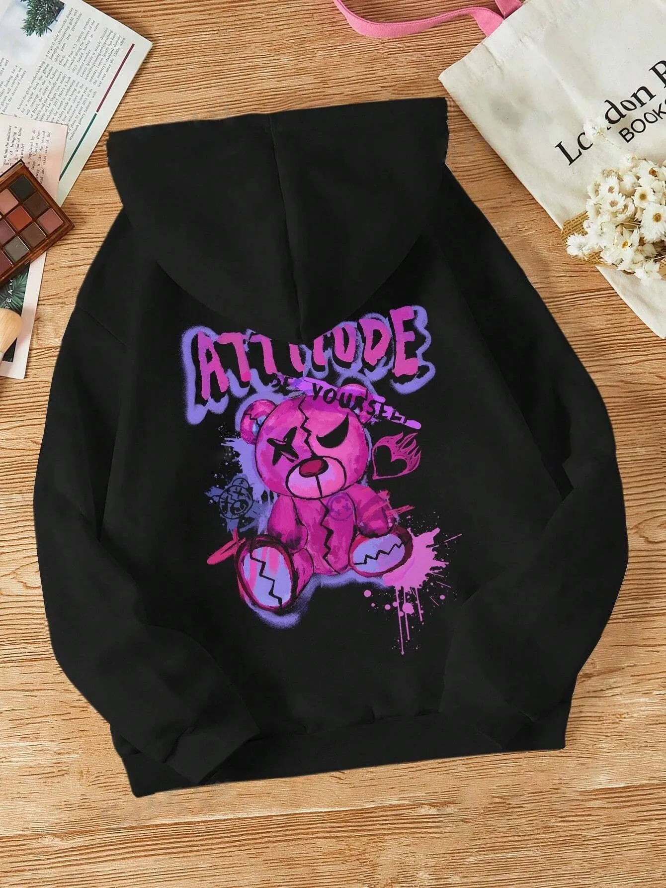 Cartoon Colorful Bear Printed Drawstring Hoodie Women's Casual Long Sleeve Fleece Hoodie Fashion High Street Y2K Women's Wear