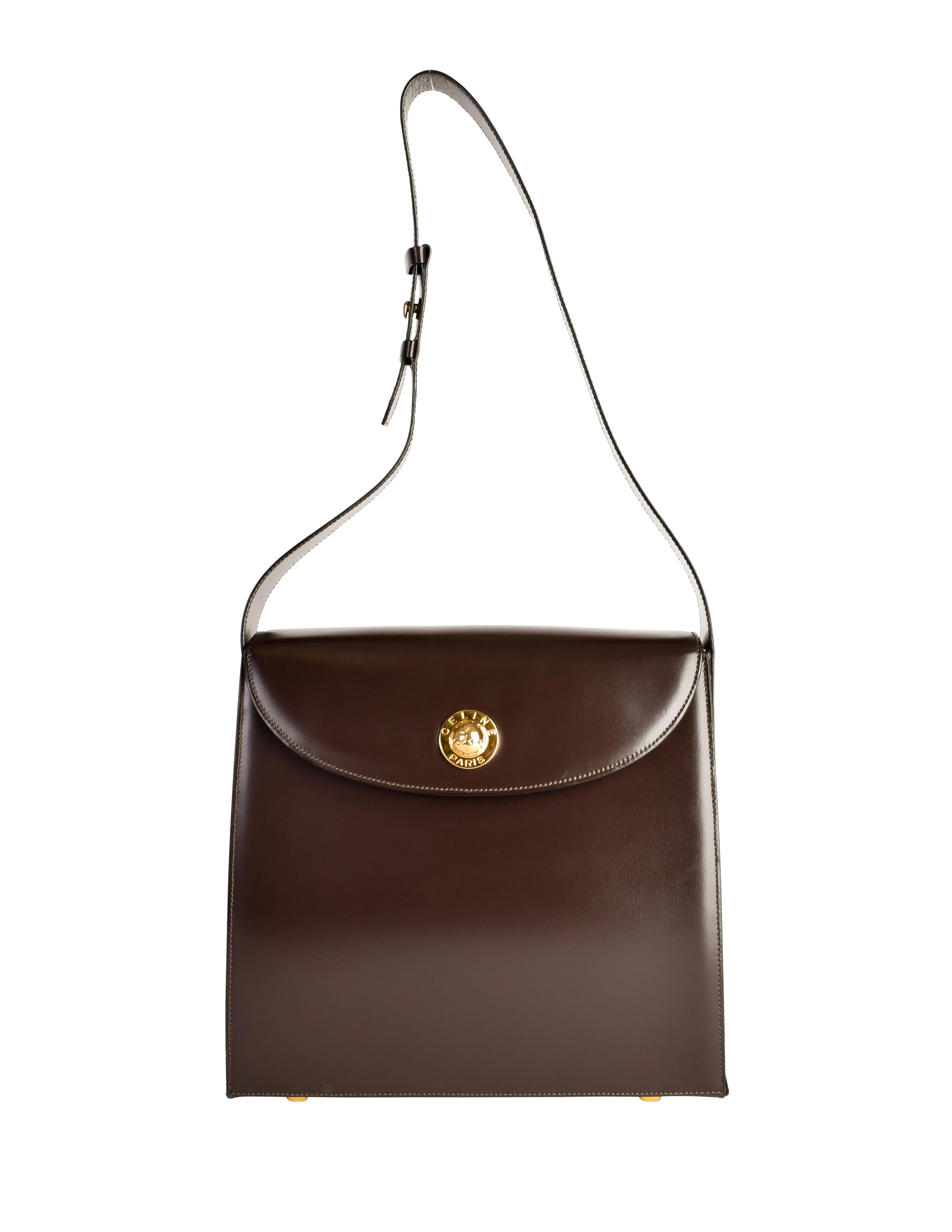 Celine Vintage Chocolate Brown Leather Gold Star Orb Shoulder Bag