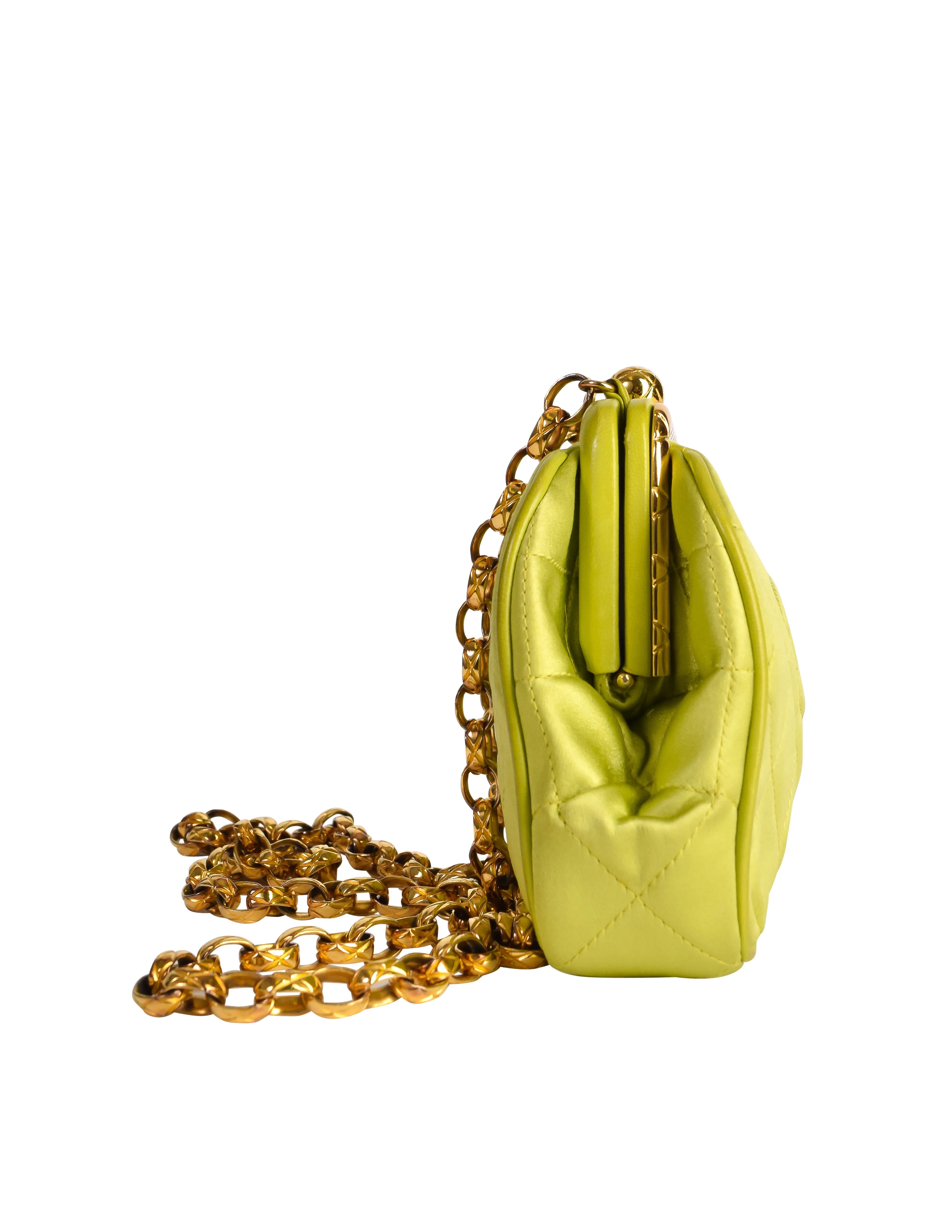 Chanel Vintage Avocado Lime Green Satin Matelasse Quilted CC Logo Gold Chain Mini Shoulder Bag