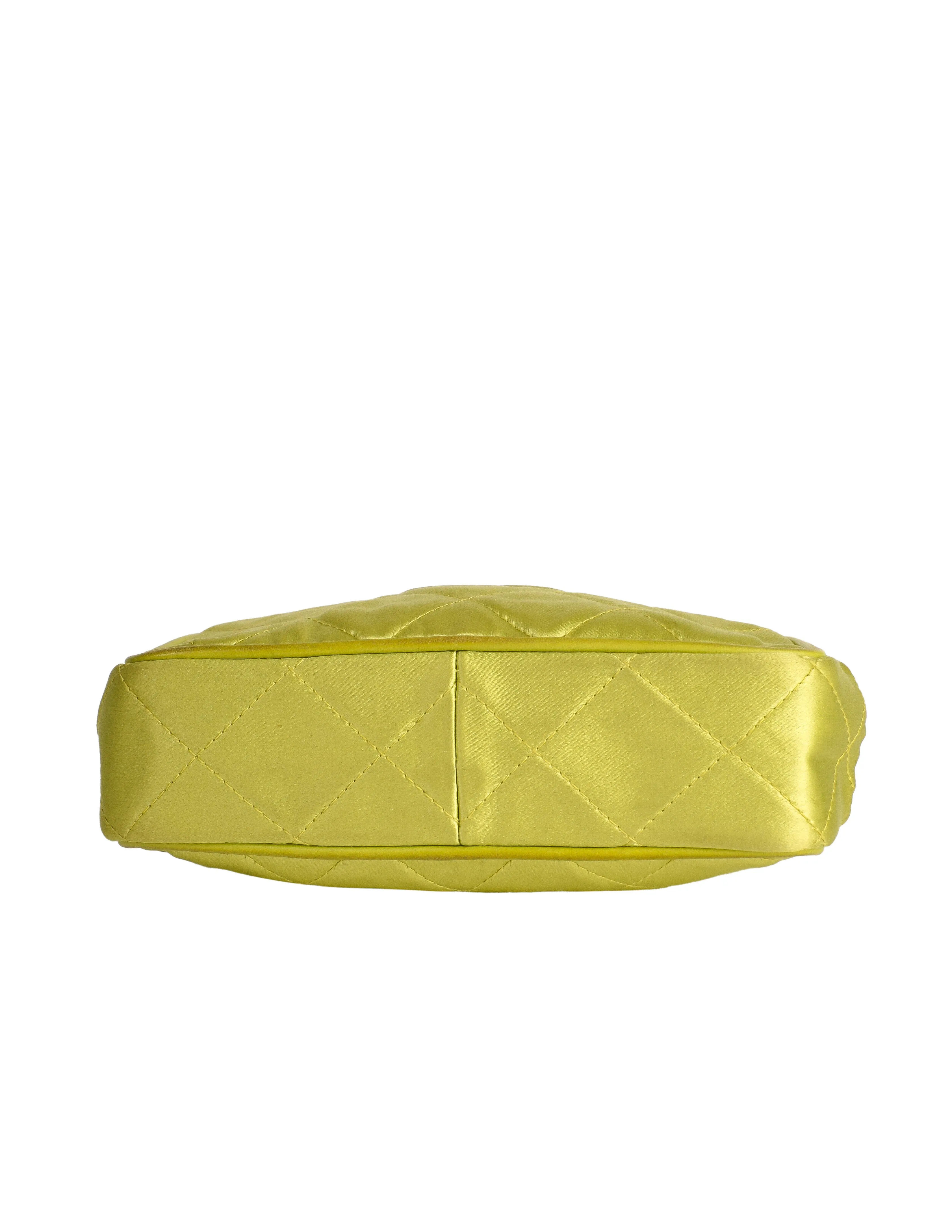 Chanel Vintage Avocado Lime Green Satin Matelasse Quilted CC Logo Gold Chain Mini Shoulder Bag