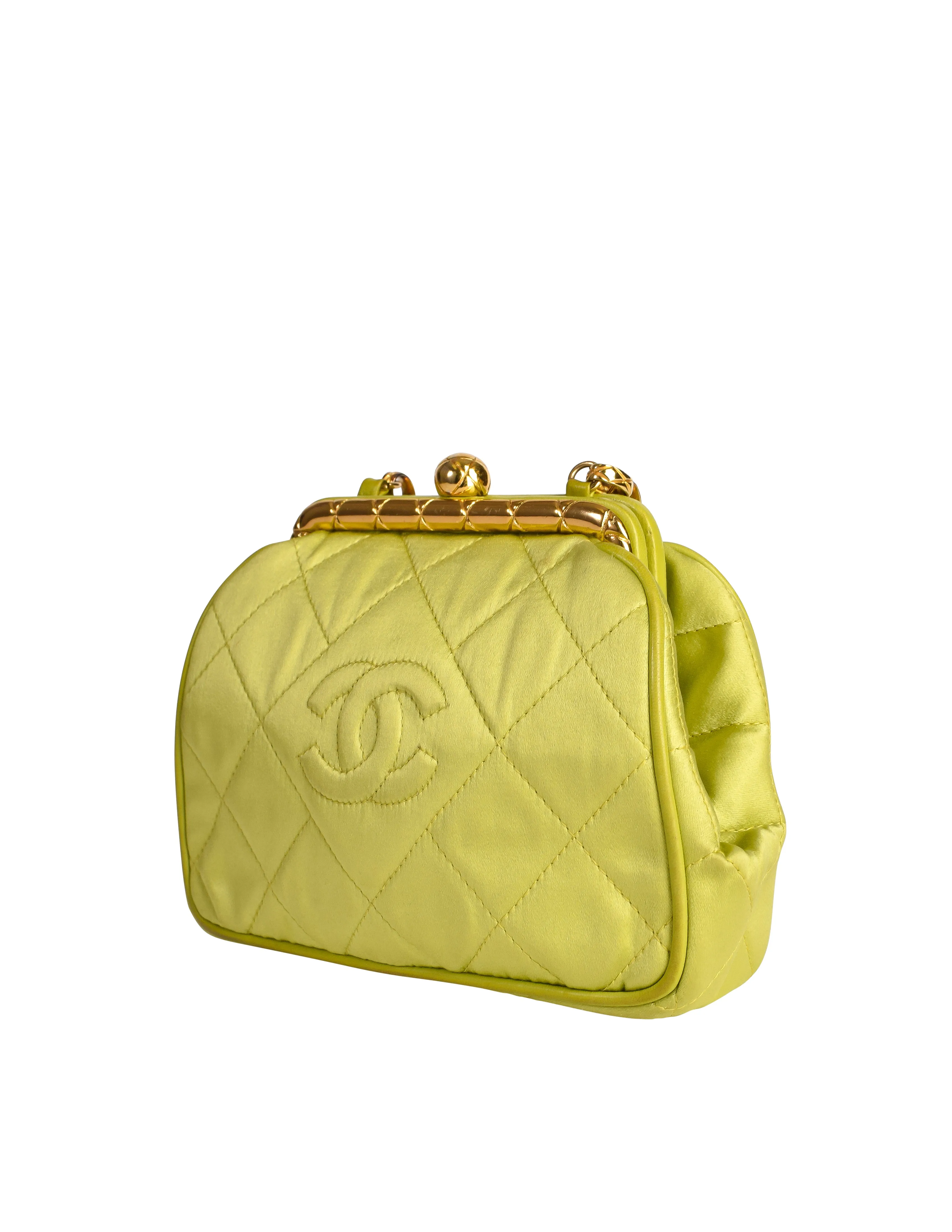 Chanel Vintage Avocado Lime Green Satin Matelasse Quilted CC Logo Gold Chain Mini Shoulder Bag