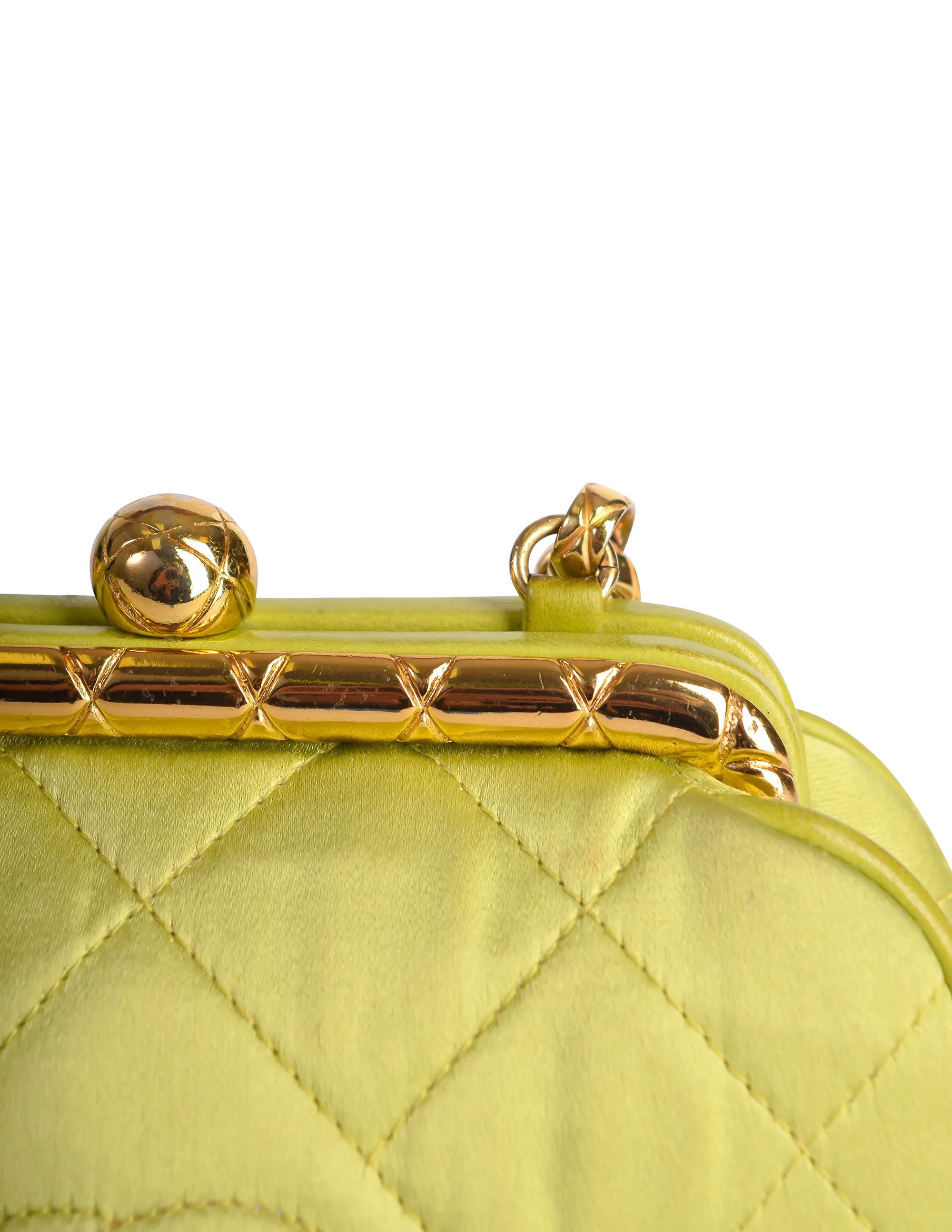 Chanel Vintage Avocado Lime Green Satin Matelasse Quilted CC Logo Gold Chain Mini Shoulder Bag