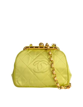 Chanel Vintage Avocado Lime Green Satin Matelasse Quilted CC Logo Gold Chain Mini Shoulder Bag