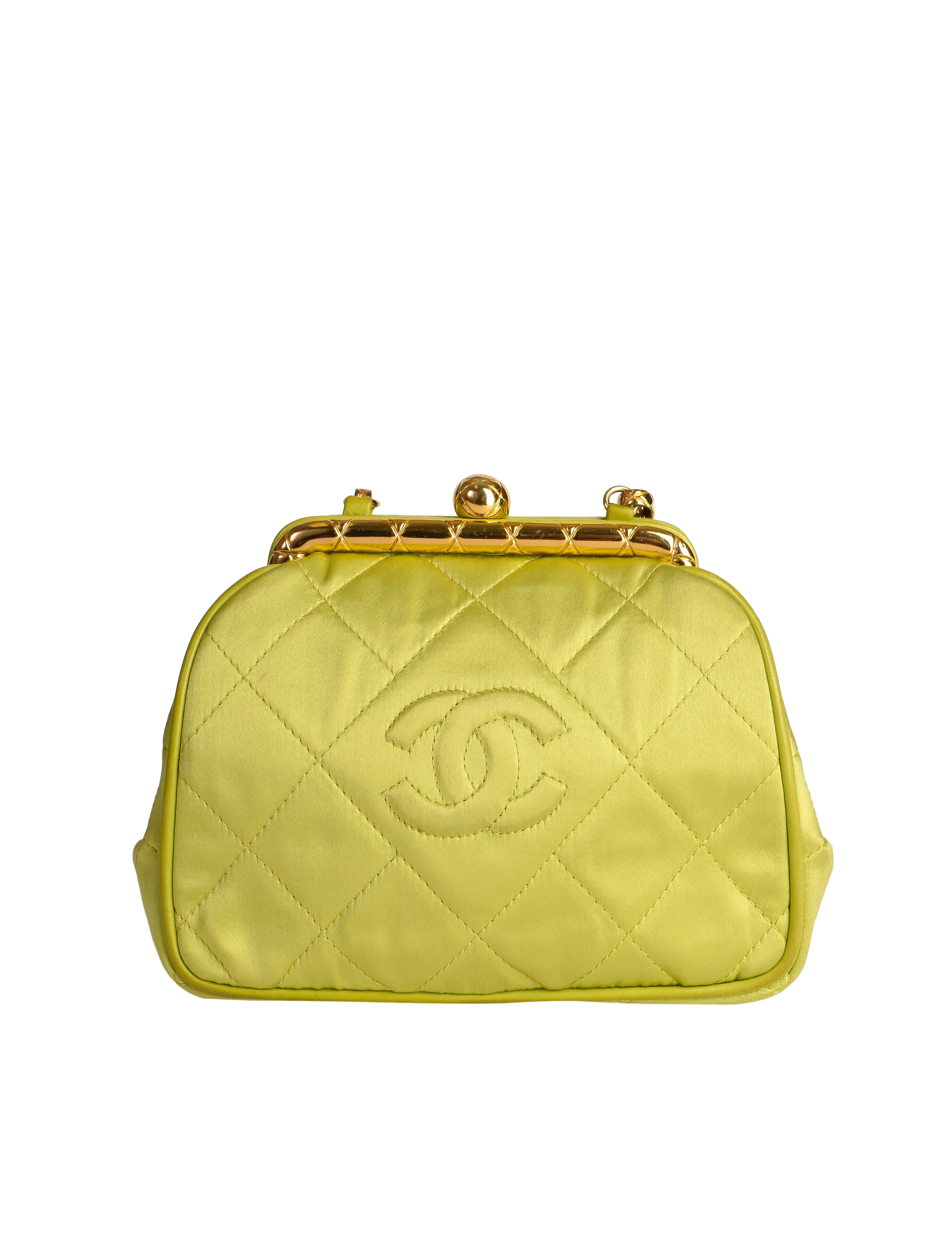 Chanel Vintage Avocado Lime Green Satin Matelasse Quilted CC Logo Gold Chain Mini Shoulder Bag