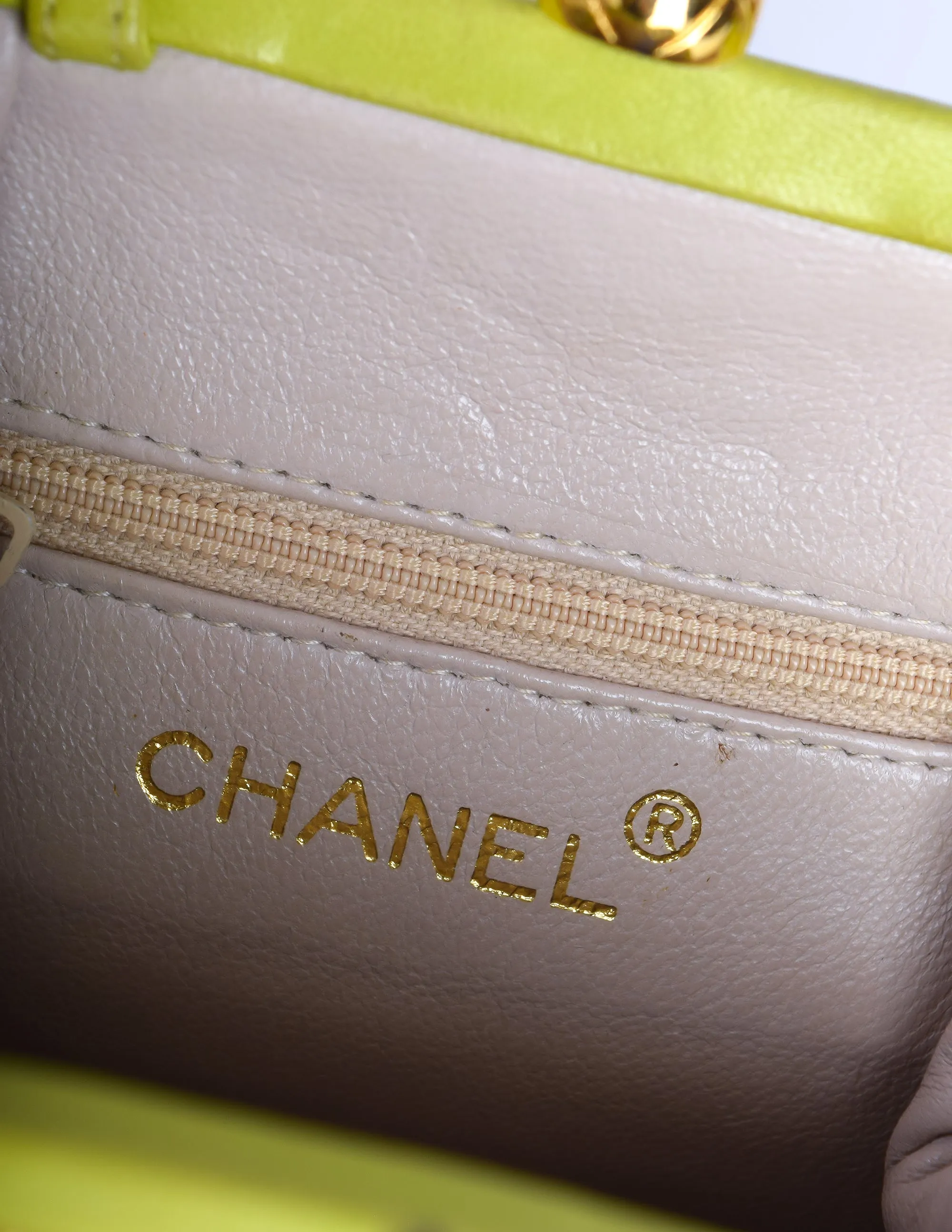 Chanel Vintage Avocado Lime Green Satin Matelasse Quilted CC Logo Gold Chain Mini Shoulder Bag