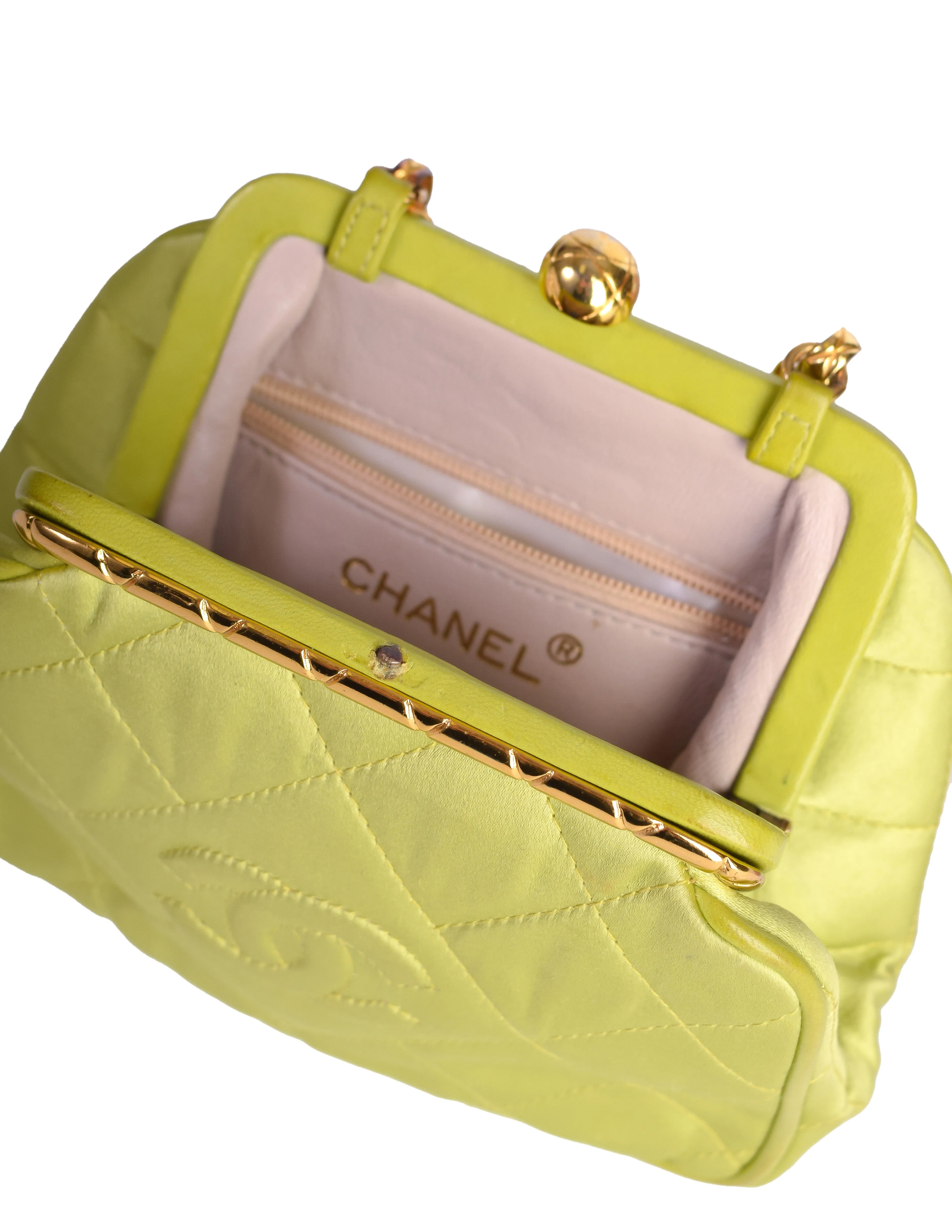 Chanel Vintage Avocado Lime Green Satin Matelasse Quilted CC Logo Gold Chain Mini Shoulder Bag