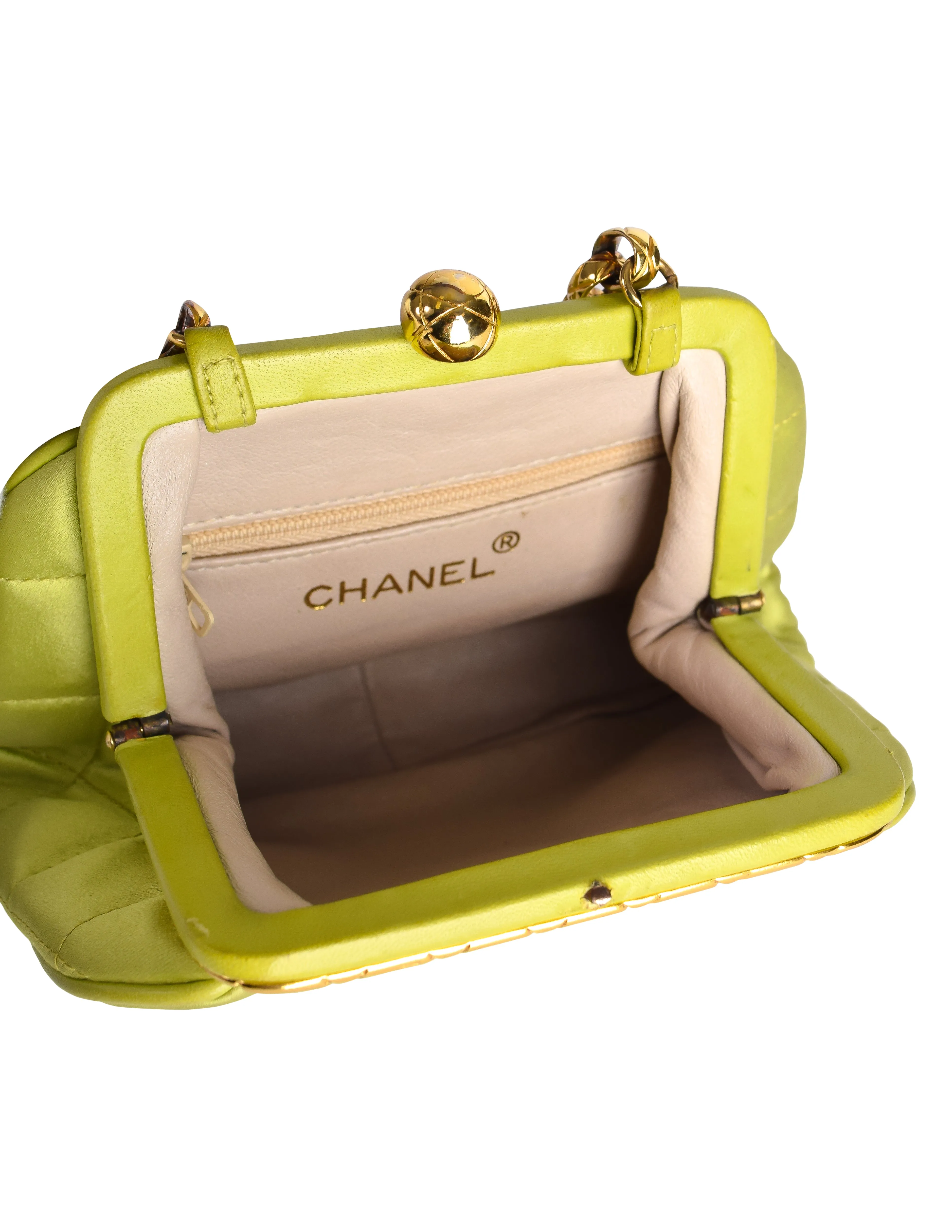 Chanel Vintage Avocado Lime Green Satin Matelasse Quilted CC Logo Gold Chain Mini Shoulder Bag