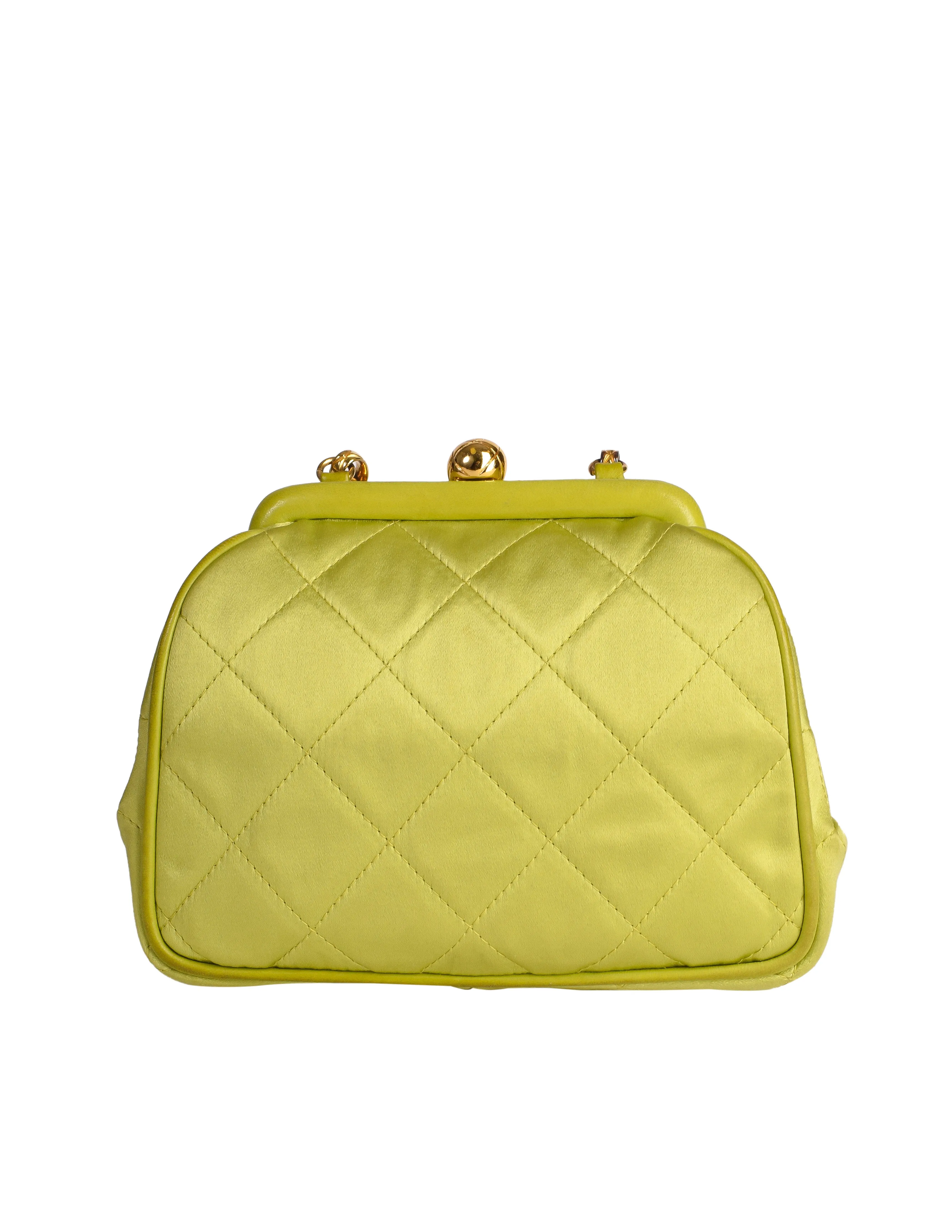 Chanel Vintage Avocado Lime Green Satin Matelasse Quilted CC Logo Gold Chain Mini Shoulder Bag