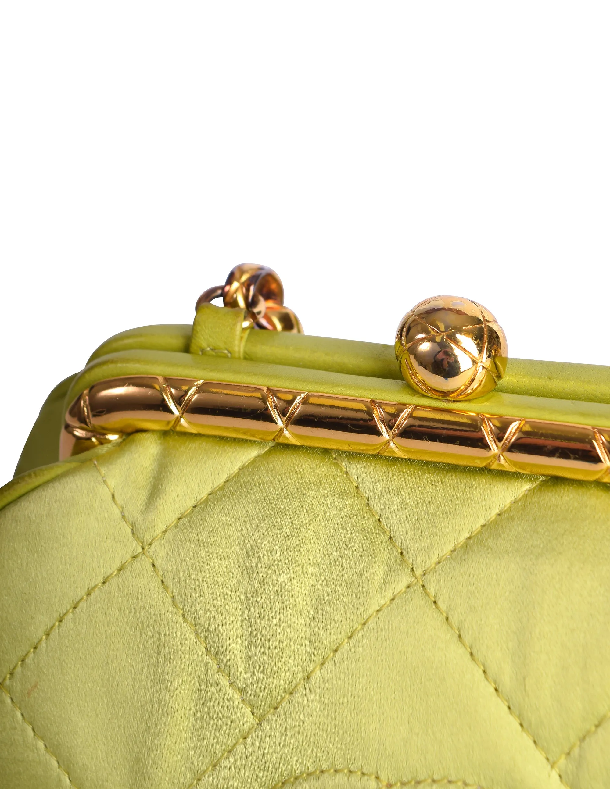 Chanel Vintage Avocado Lime Green Satin Matelasse Quilted CC Logo Gold Chain Mini Shoulder Bag