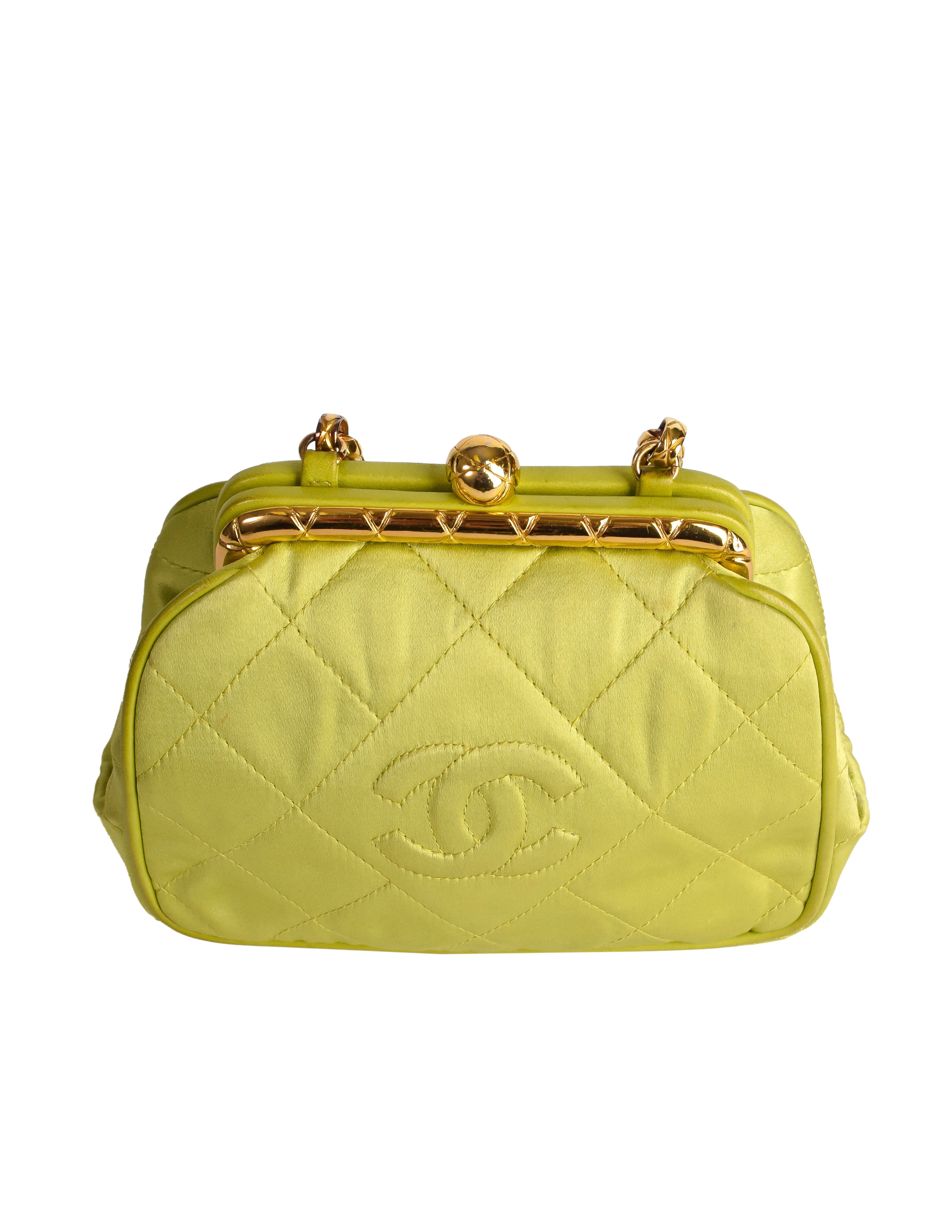 Chanel Vintage Avocado Lime Green Satin Matelasse Quilted CC Logo Gold Chain Mini Shoulder Bag