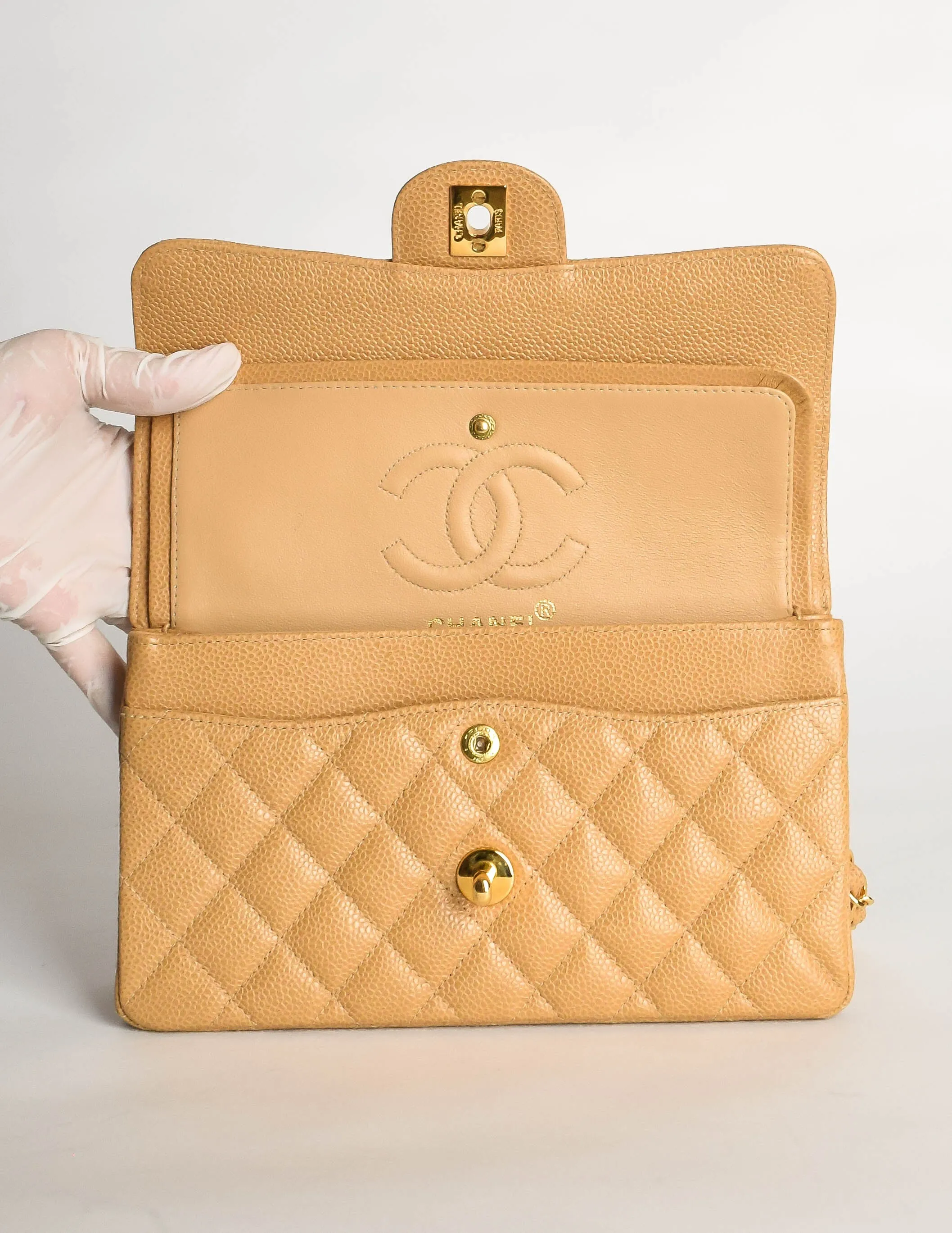 Chanel Vintage Beige Caviar Quilted 2.55 Small Classic Double Flap Bag