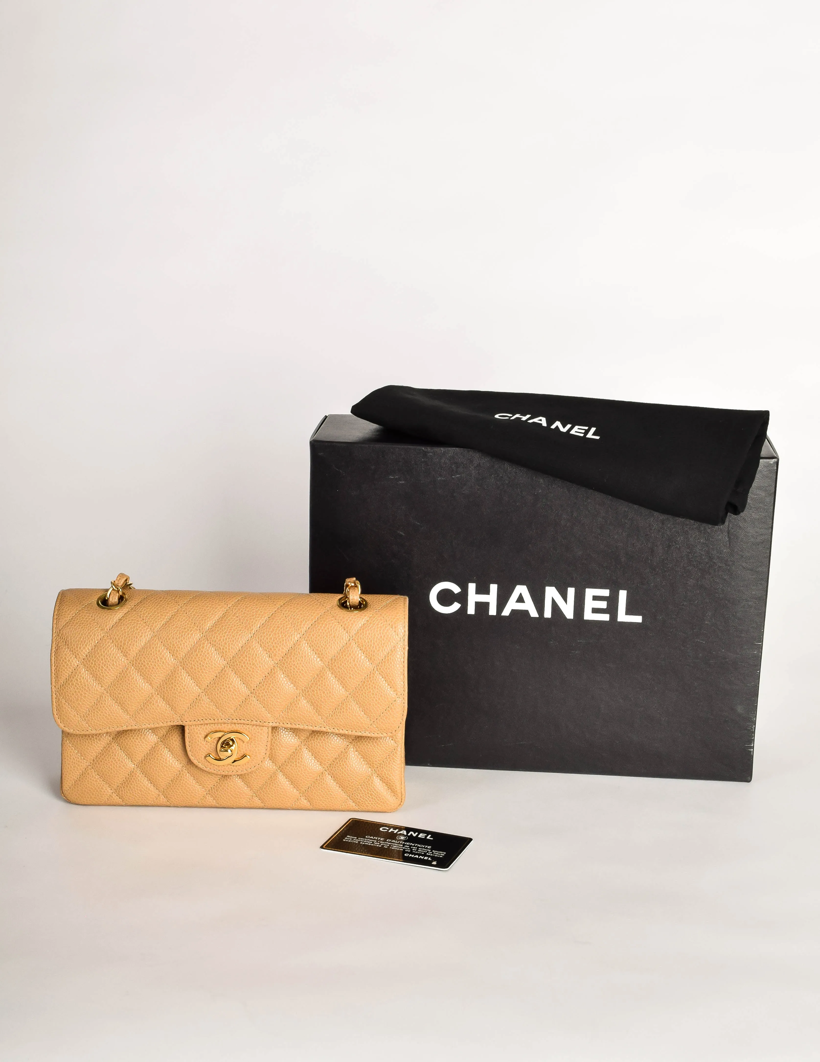 Chanel Vintage Beige Caviar Quilted 2.55 Small Classic Double Flap Bag