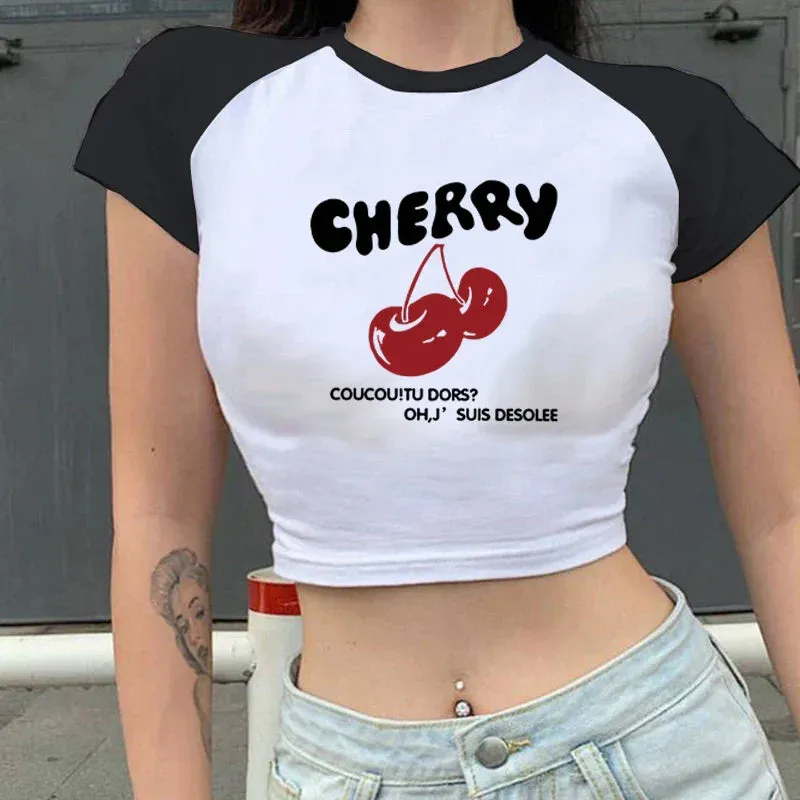 Cherry Letters Retro Sports Style Crop Top O-Neck Baby Tee Crop Top