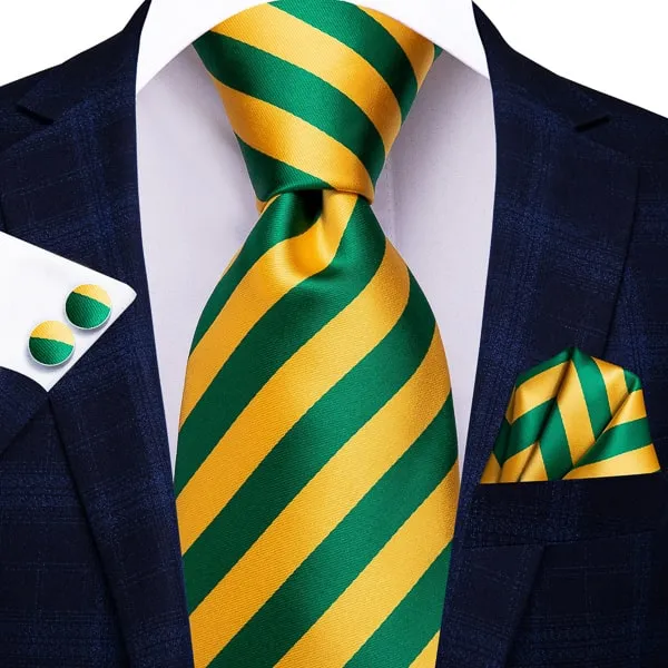 Classy Men Green Yellow Gold Striped Silk Tie