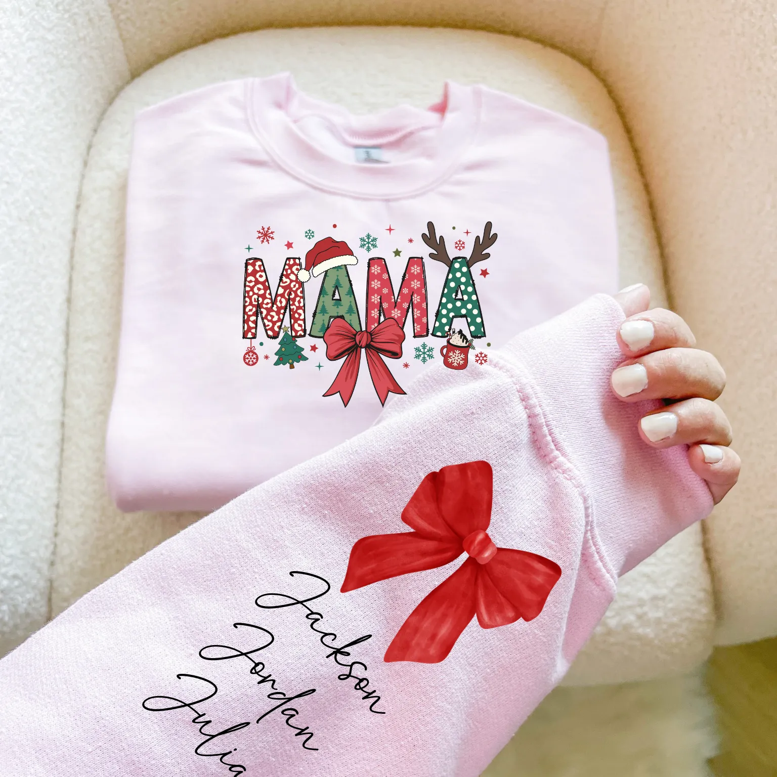 Custom Mama Christmas Sweatshirt with Kids Names on the Sleeve (Mama, Mimi, MawMaw, Grammy, Gigi, Nanny, Grandma, Nana, Granny)