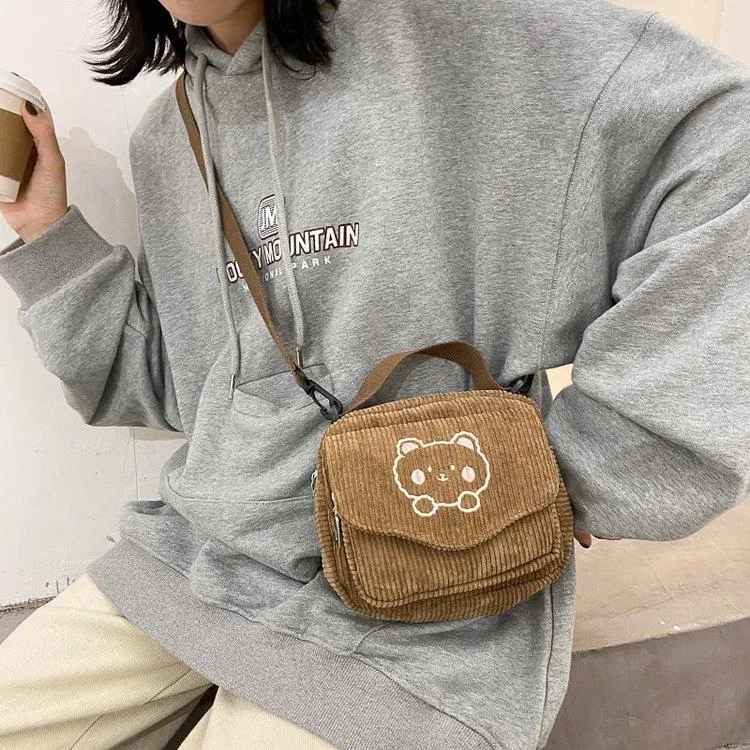 Cute Bear Aesthetic Mini Corduroy Shoulder Bag