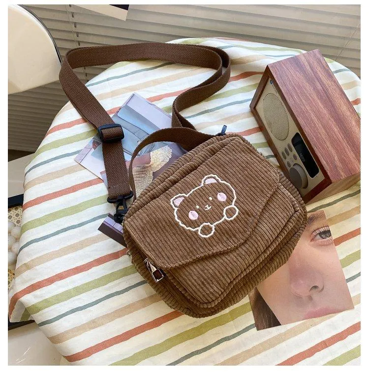 Cute Bear Aesthetic Mini Corduroy Shoulder Bag