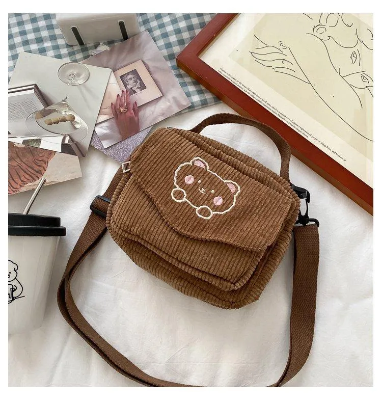 Cute Bear Aesthetic Mini Corduroy Shoulder Bag