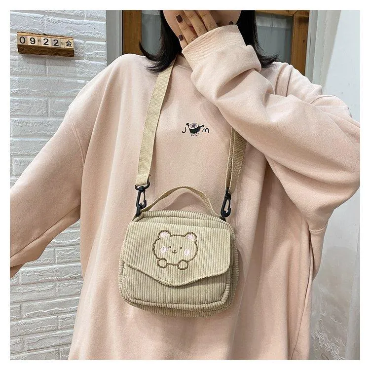 Cute Bear Aesthetic Mini Corduroy Shoulder Bag