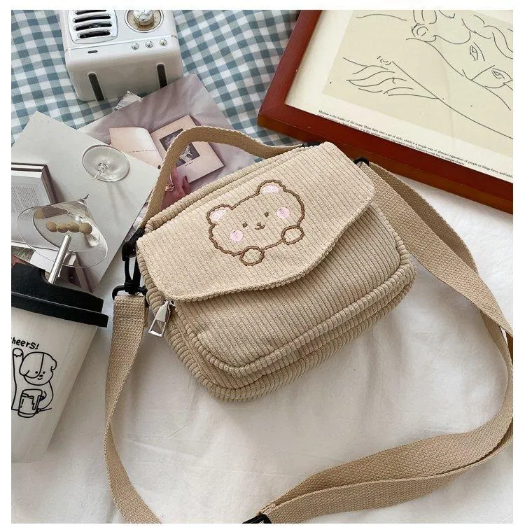 Cute Bear Aesthetic Mini Corduroy Shoulder Bag