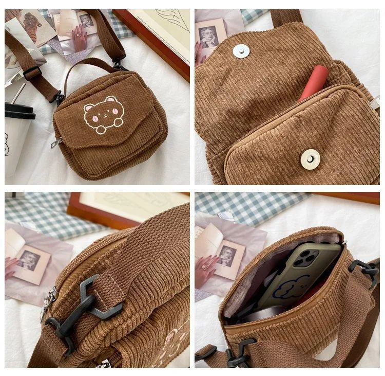 Cute Bear Aesthetic Mini Corduroy Shoulder Bag