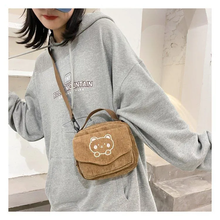 Cute Bear Aesthetic Mini Corduroy Shoulder Bag