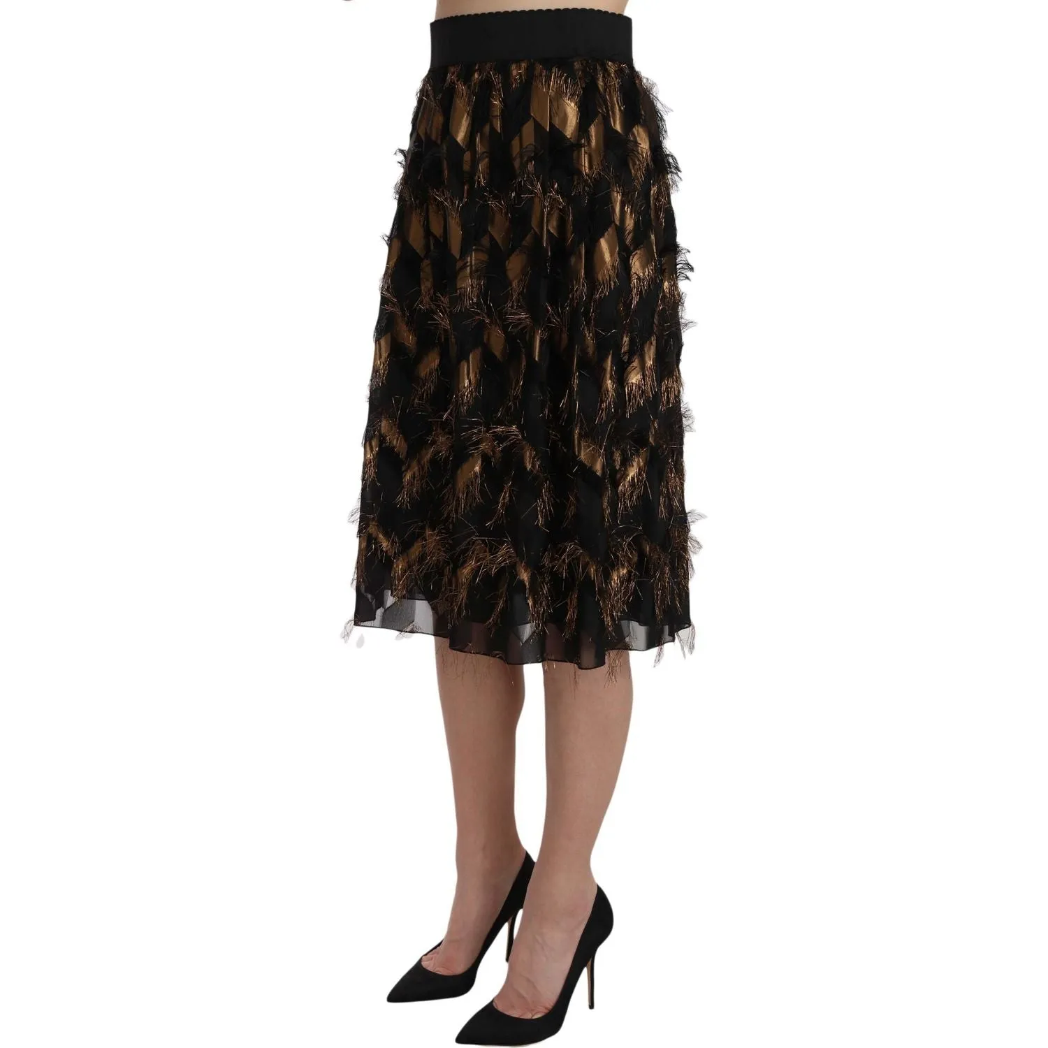 Dolce & Gabbana Elegant Gold Black Silk Blend High Waist Skirt