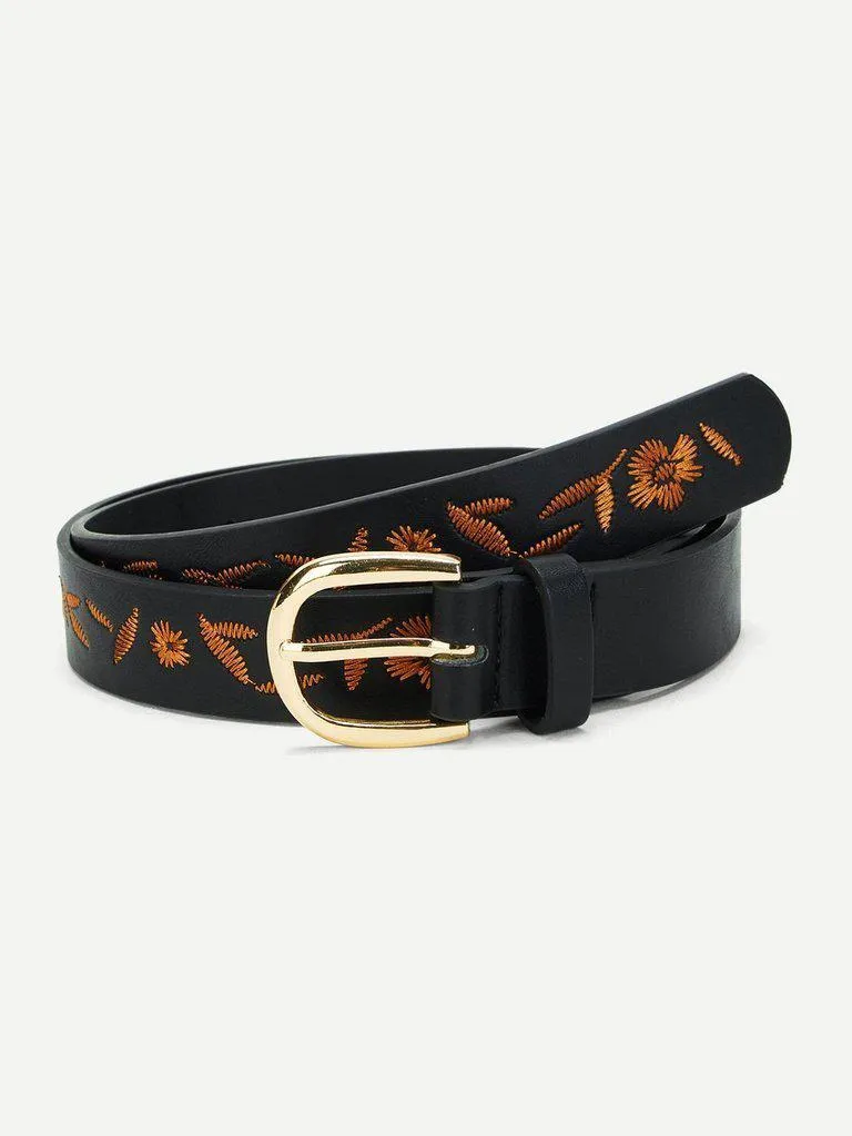 Embroidered Detail PU Belt