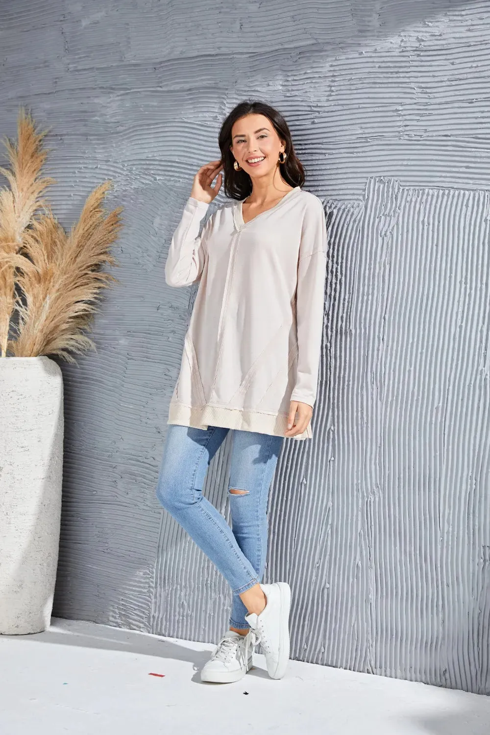 Exposed Seam V-Neck Long Sleeve Slit Sweatshirt