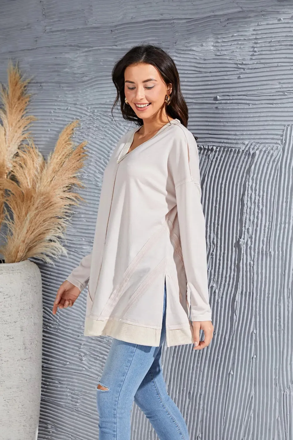 Exposed Seam V-Neck Long Sleeve Slit Sweatshirt