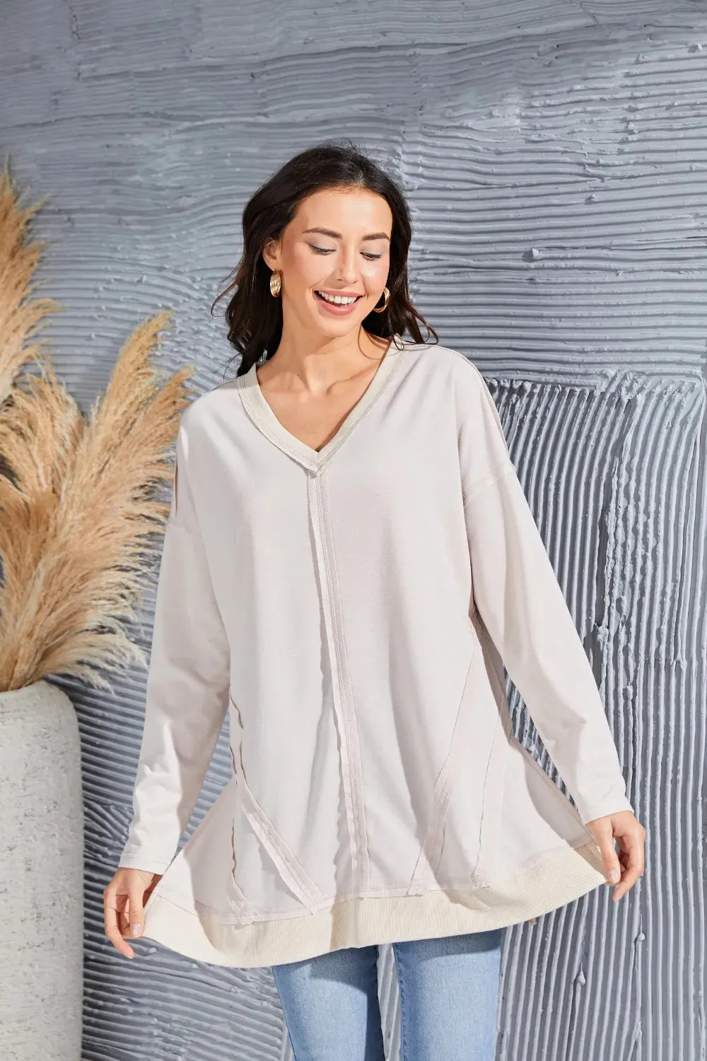 Exposed Seam V-Neck Long Sleeve Slit Sweatshirt