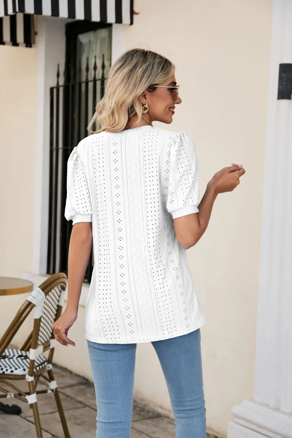 Eyelet Puff Sleeve V-Neck Top