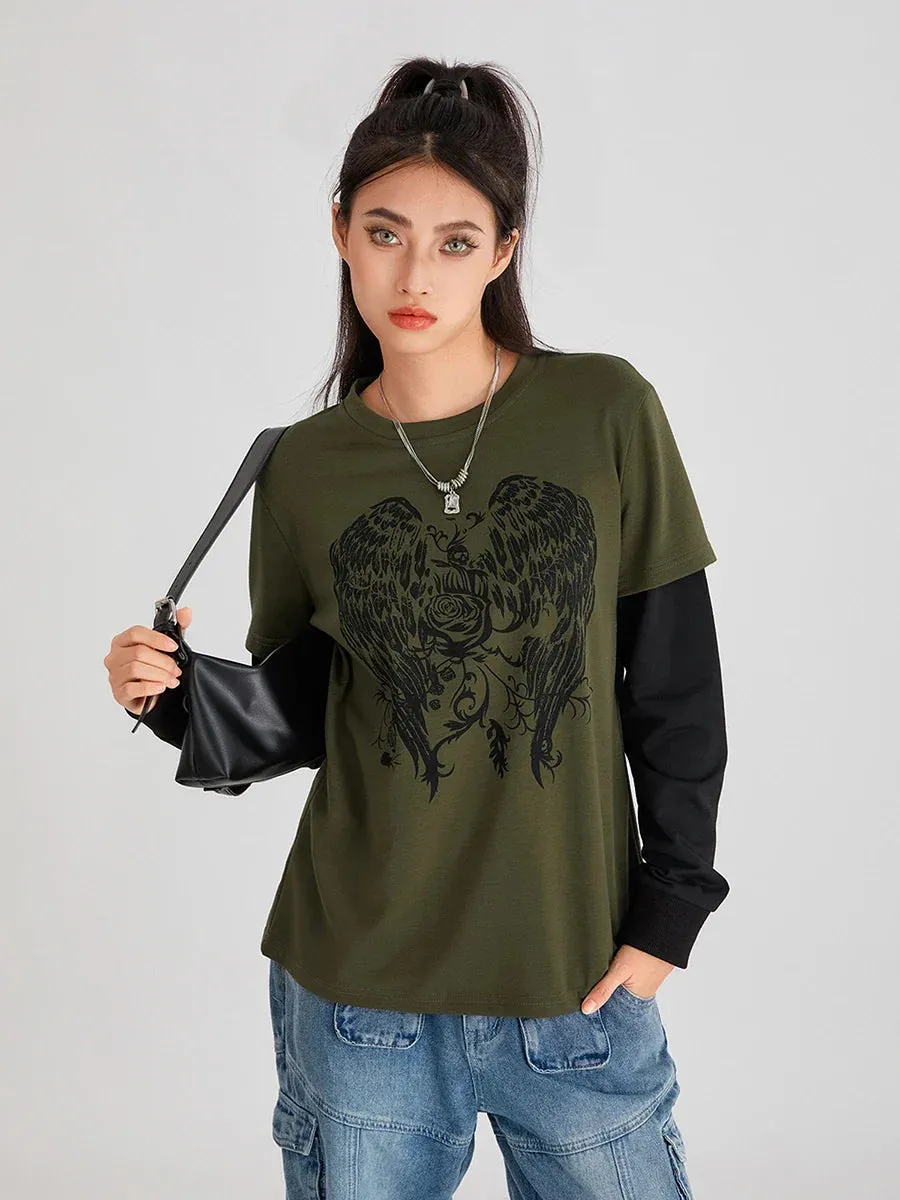 Fairy Grunge Vintage Skull Print Long Sleeve Gothic Pullover Y2K T-shirt