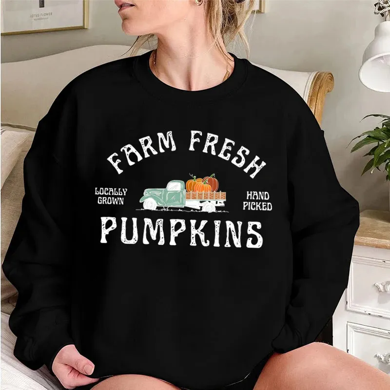 Fashion Fall Pumpkin Sweatshirt Farm Fresh Pumpkins Sweatshirts For Women Autumn Winter Crew Neck Pullovers Ladies Casual Tops